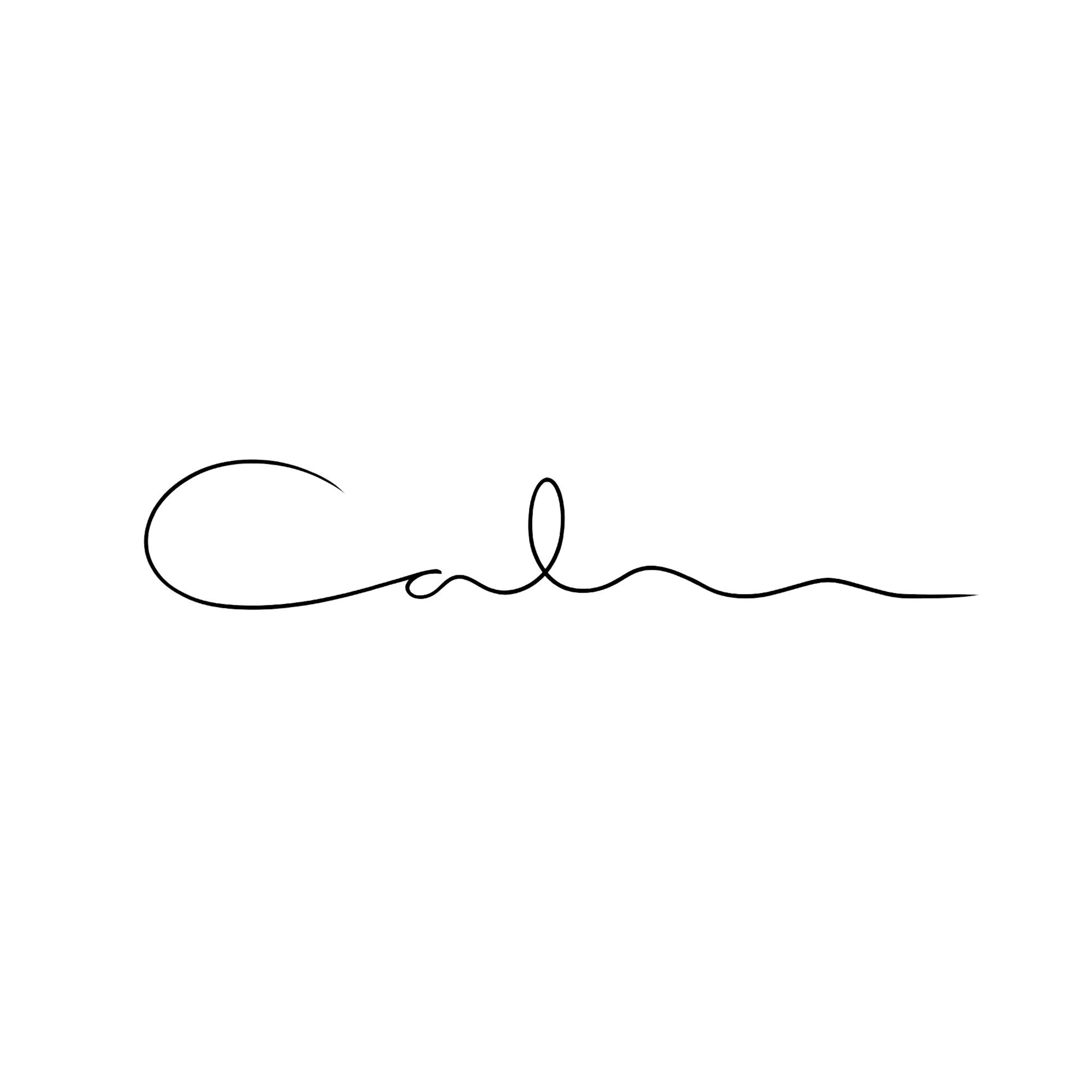 Poster cu textul Calm scris caligrafic, cu o singură linie neagră continuă pe un fundal alb.