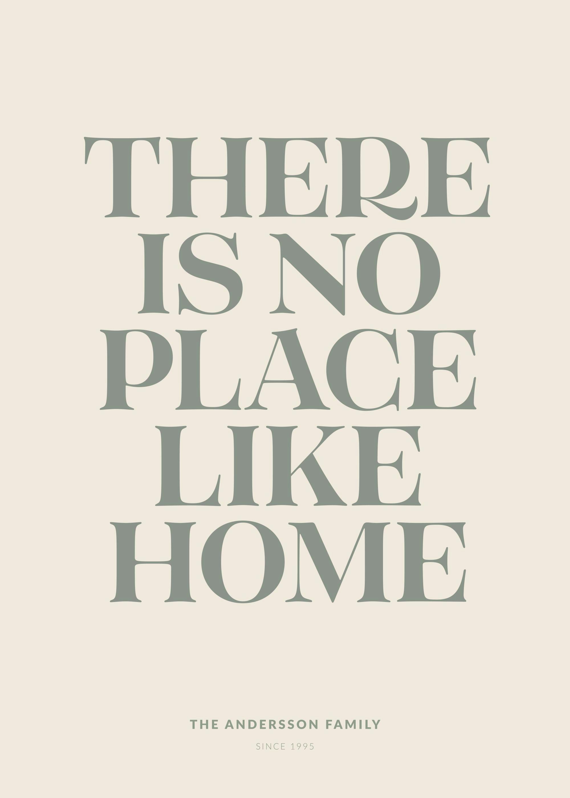 A personalised poster with the phrase THERE IS NO PLACE LIKE HOME in grey, serif font on a light cream background, with THE ANDE