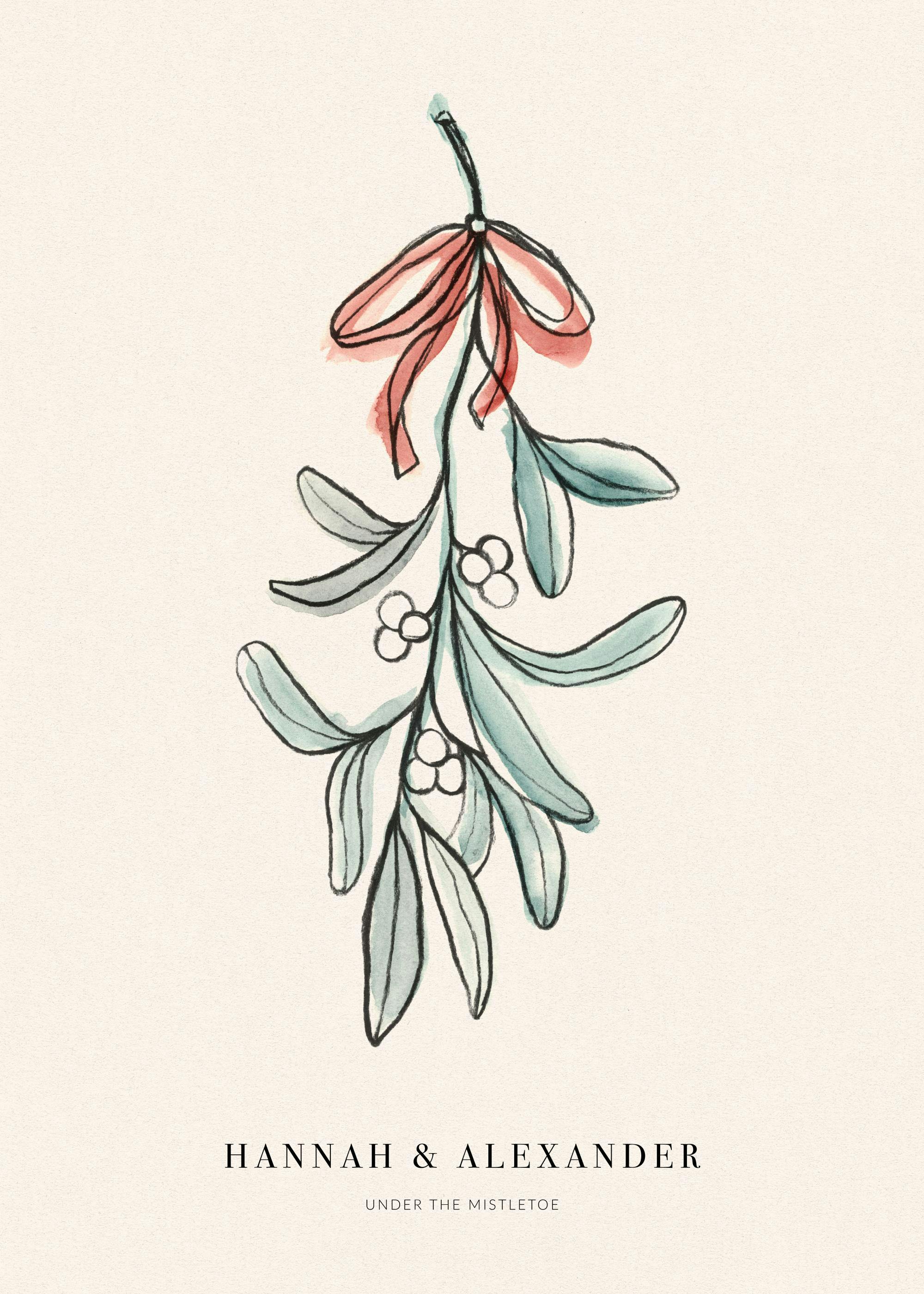 A personalised poster featuring a watercolor mistletoe branch with green leaves, white berries, and a red bow.