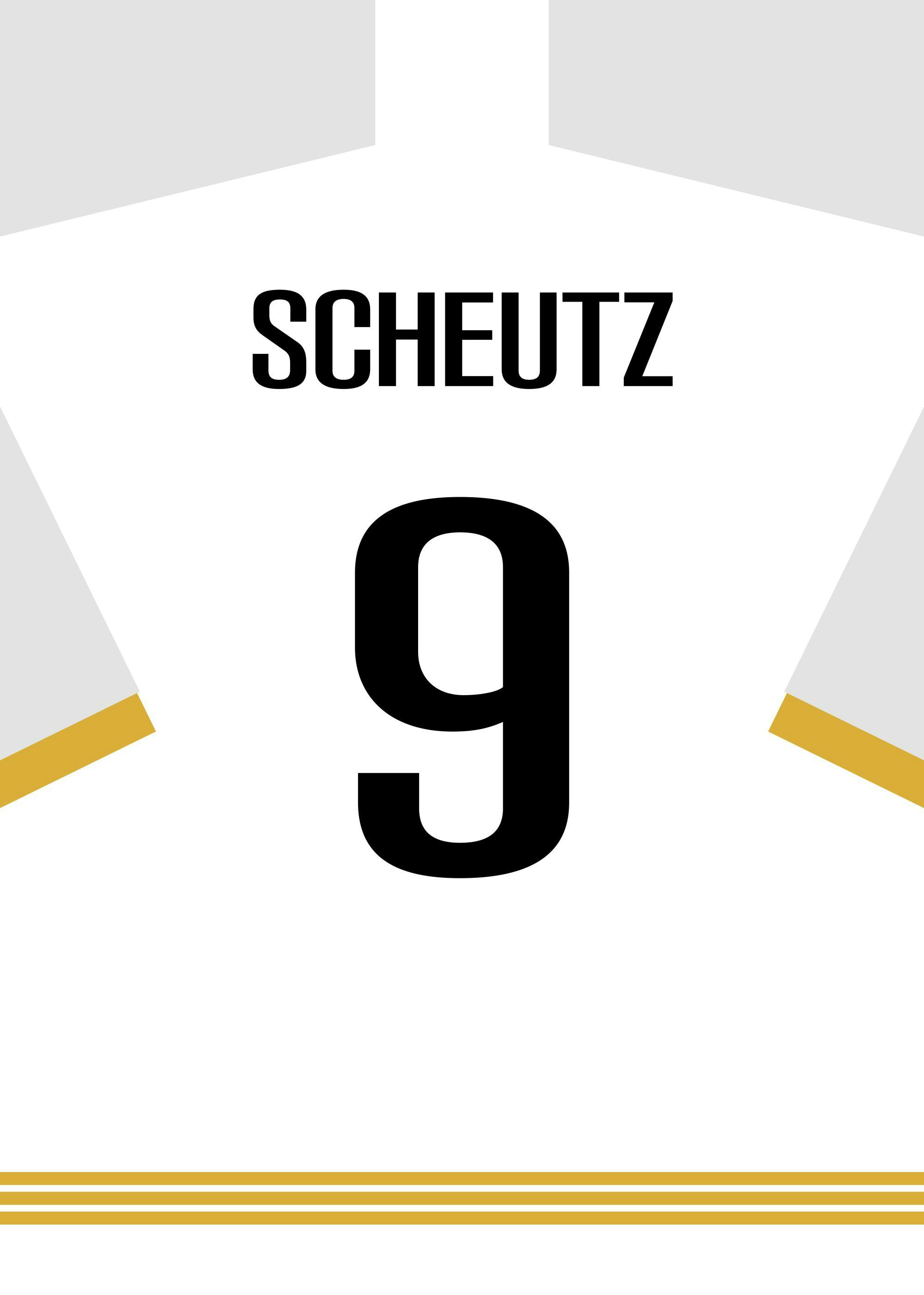 A personalized poster featuring a white and gold sports jersey design with the name SCHUEUTZ and number 9 in black.