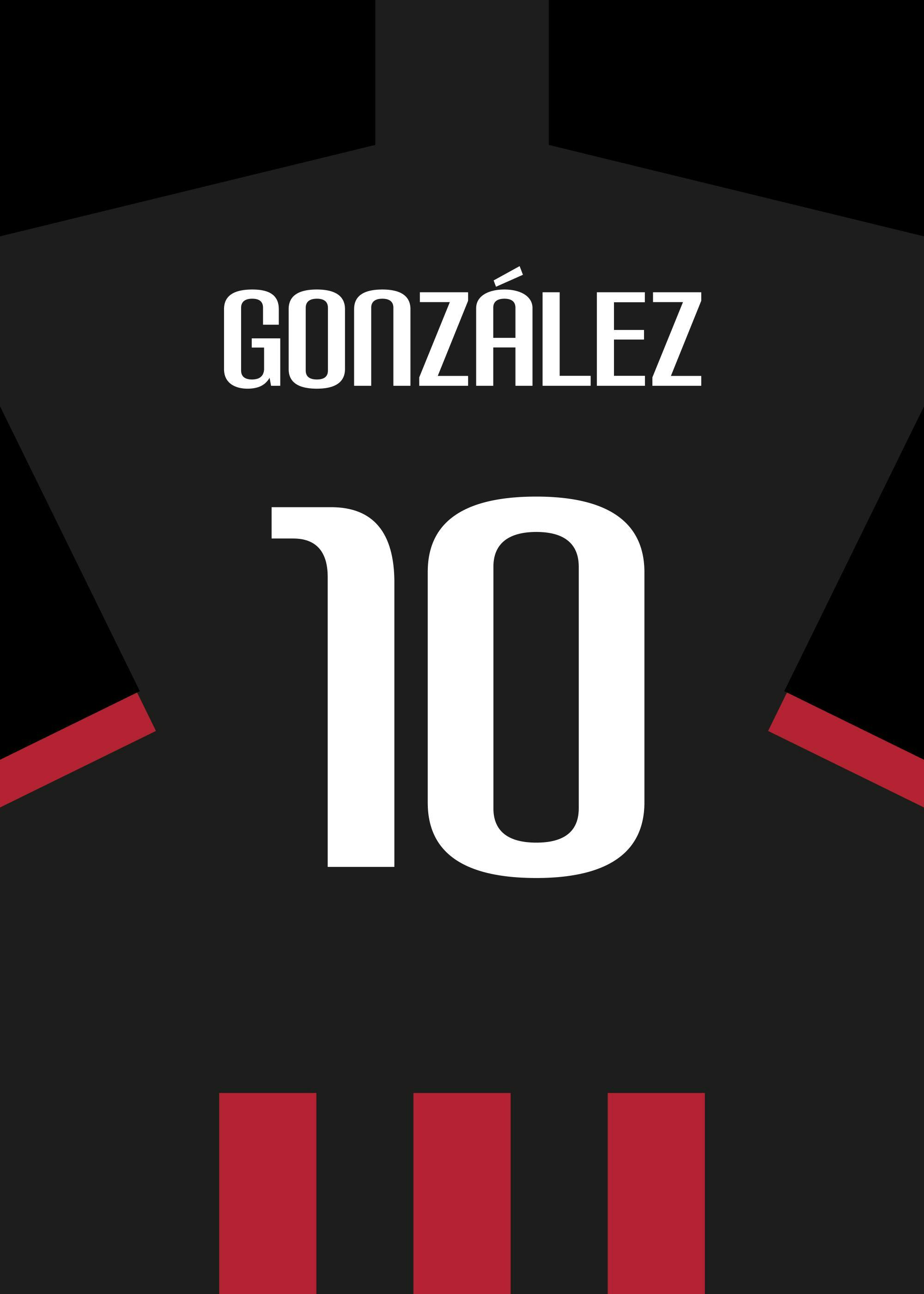 Een gepersonaliseerde poster met een zwart voetbalshirt met rode accenten, wit rugnummer 10 en de naam GONZÁLEZ.