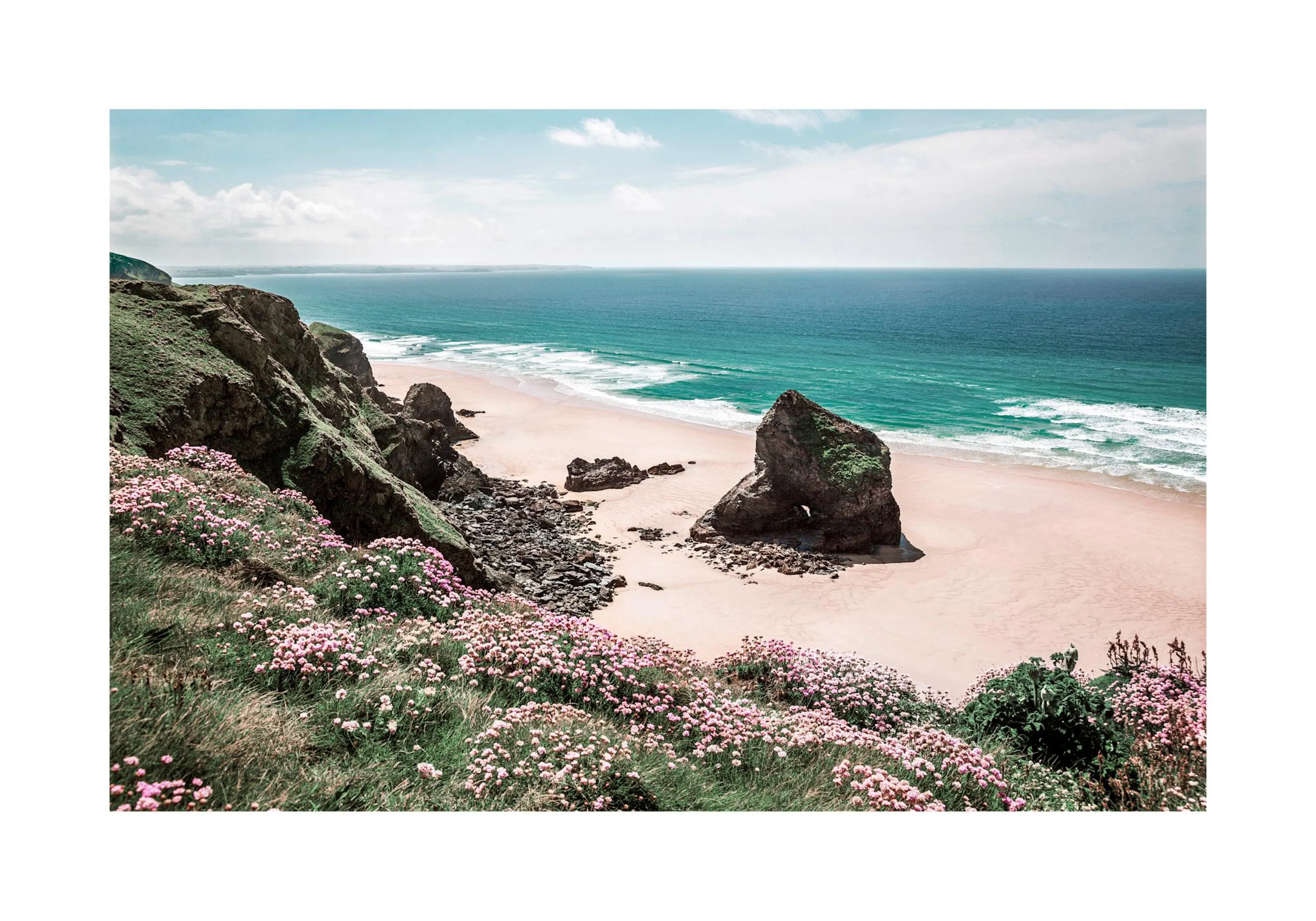 Poster einer felsigen Küstenlandschaft mit rosafarbenen Blumen, goldenem Sandstrand und türkisblauem Meer unter hellem Himmel.