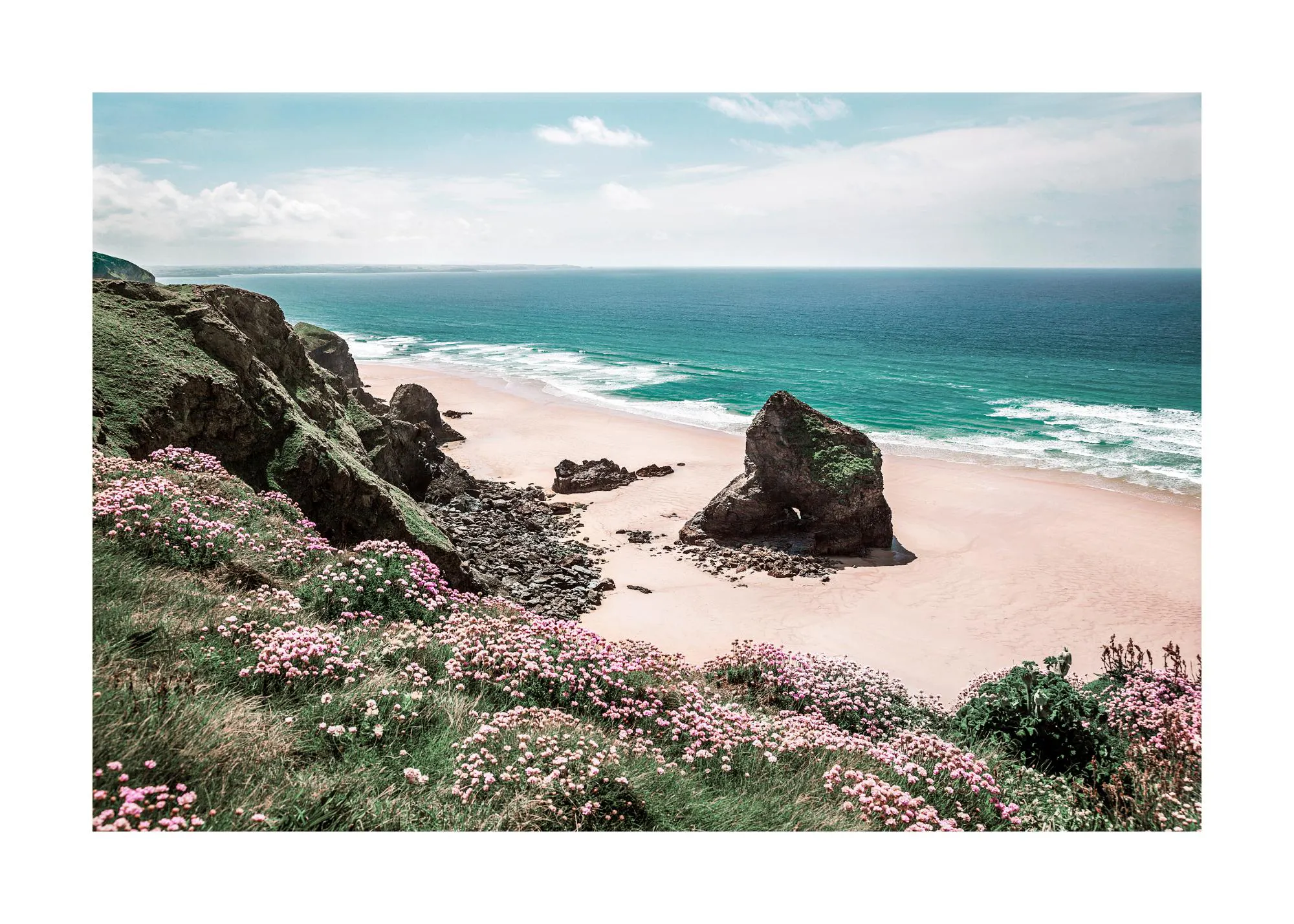 Poster einer felsigen Küstenlandschaft mit rosafarbenen Blumen, goldenem Sandstrand und türkisblauem Meer unter hellem Himmel.