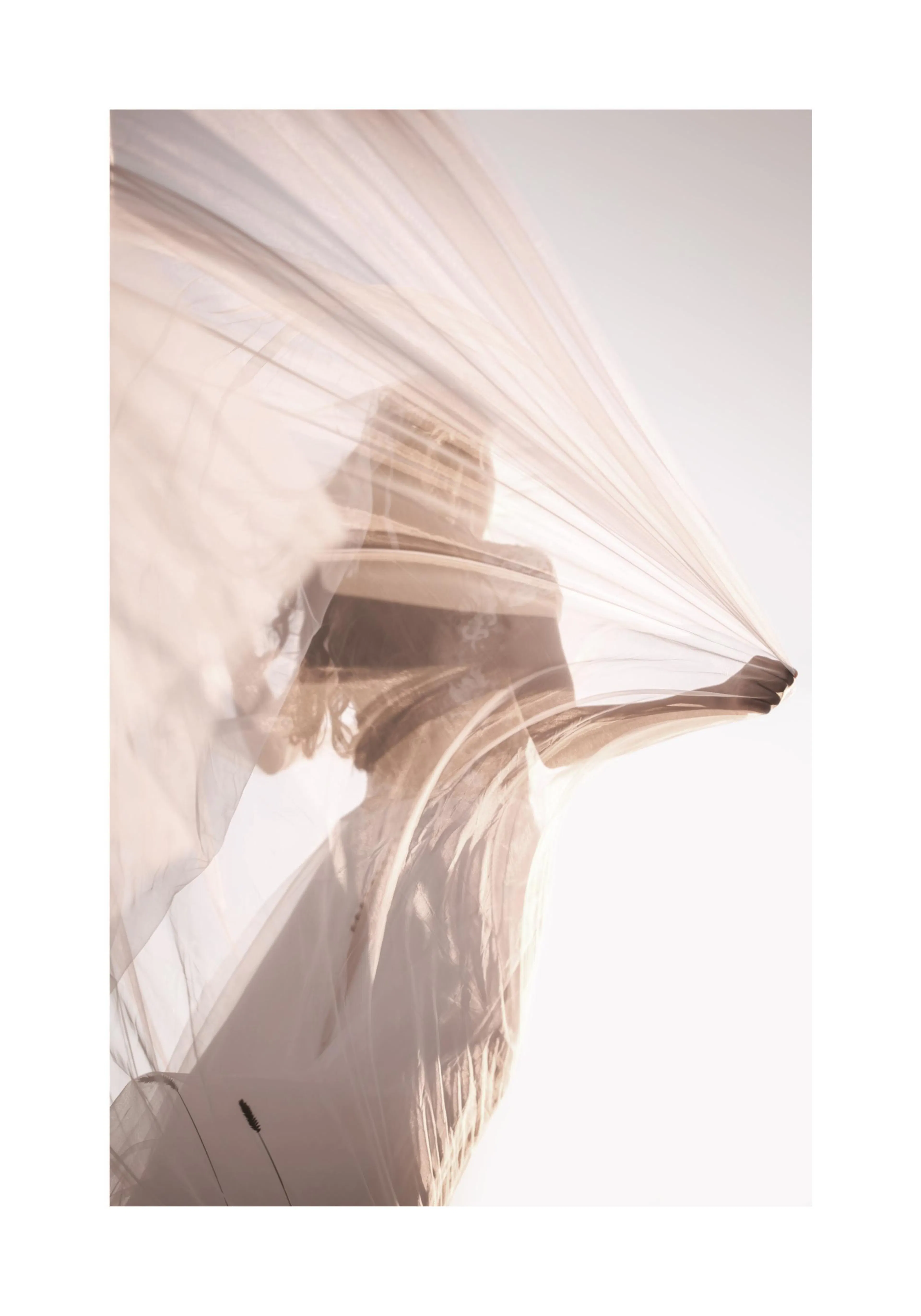 A poster featuring a womans blurred silhouette holding sheer fabric against a bright, soft white background.
