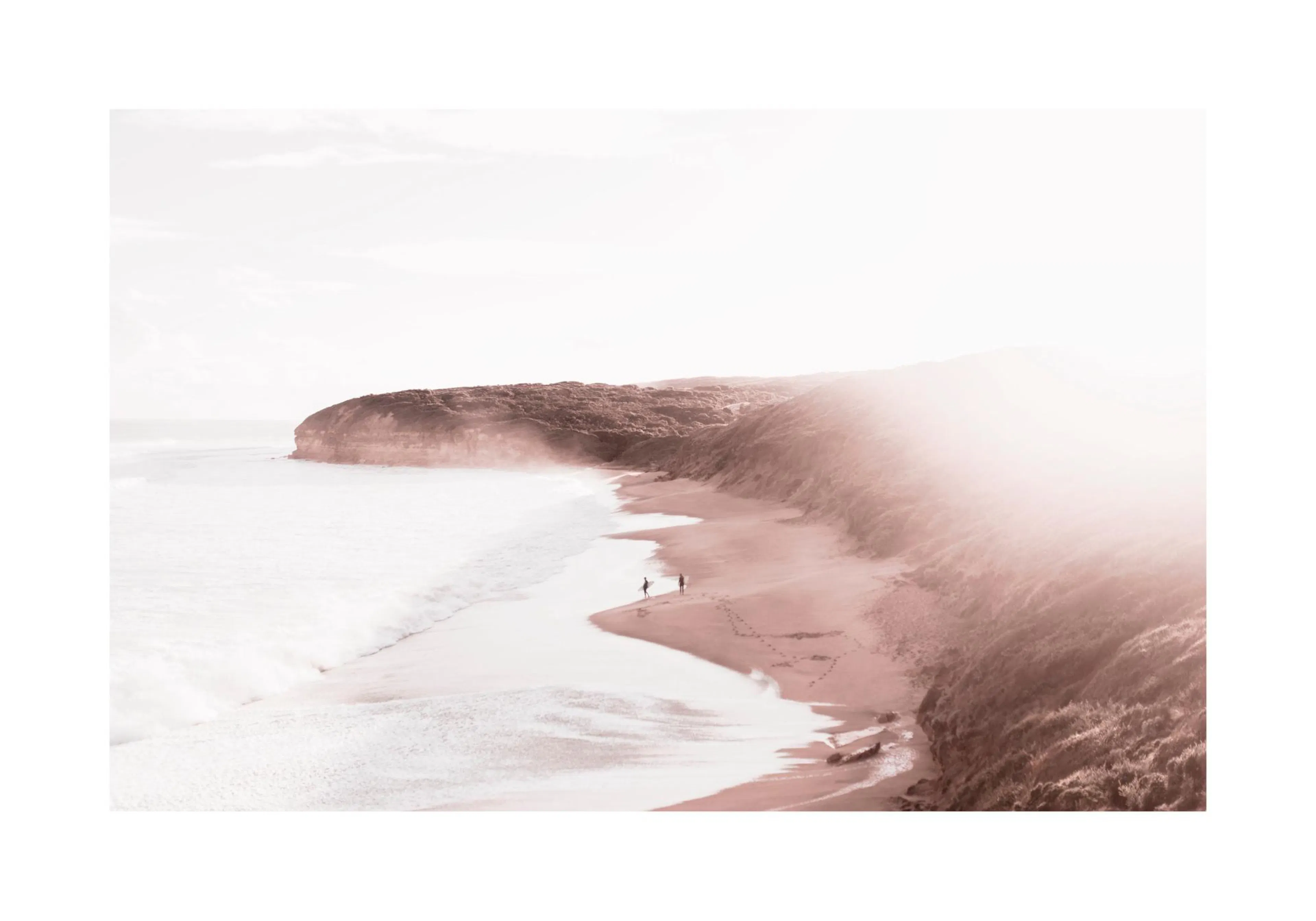 A poster featuring a sun-drenched beach with crashing waves, a rocky coastline, and two distant surfers.