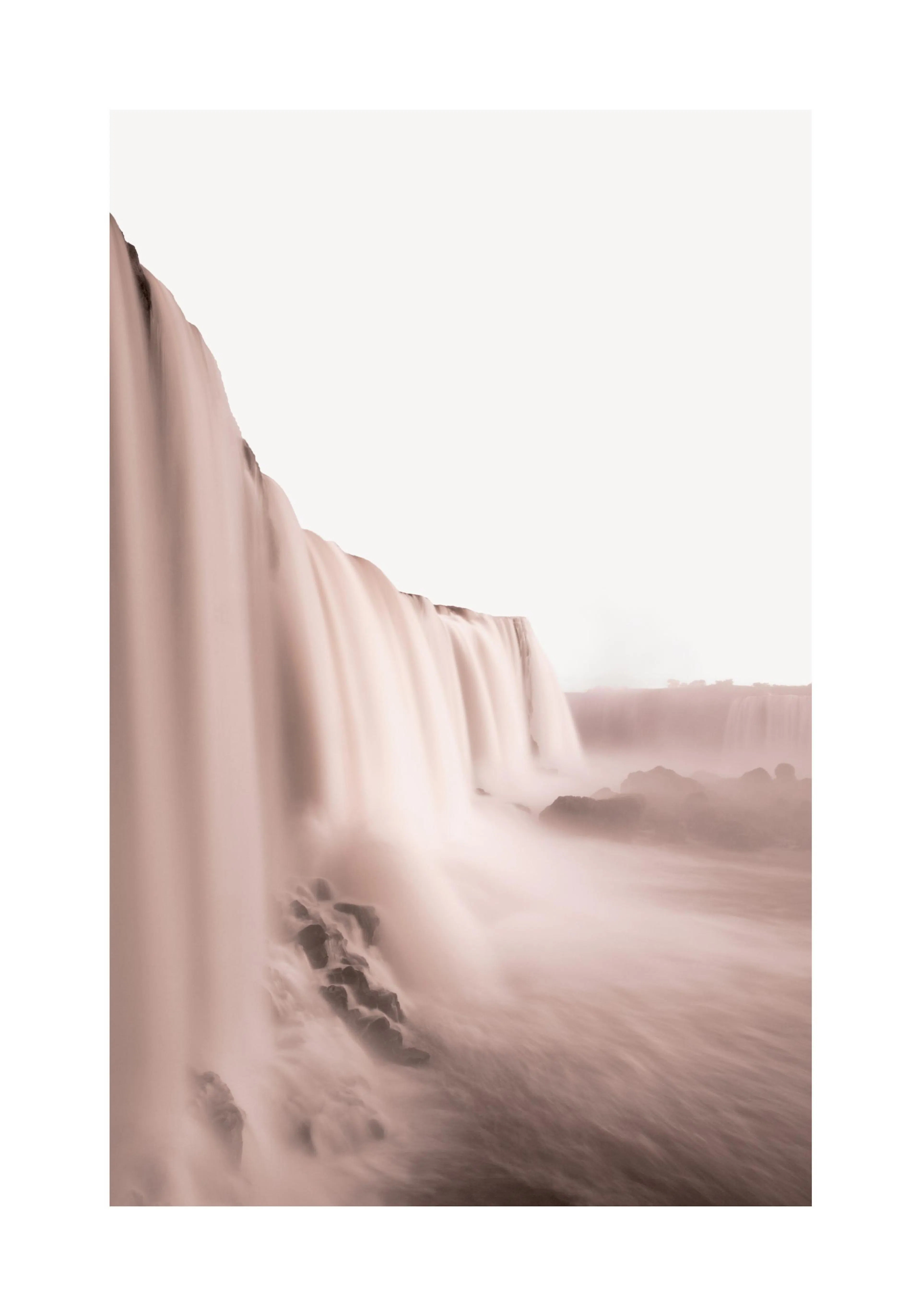 A poster featuring a waterfall with a long exposure effect, showing smooth, flowing water in soft sepia tones.