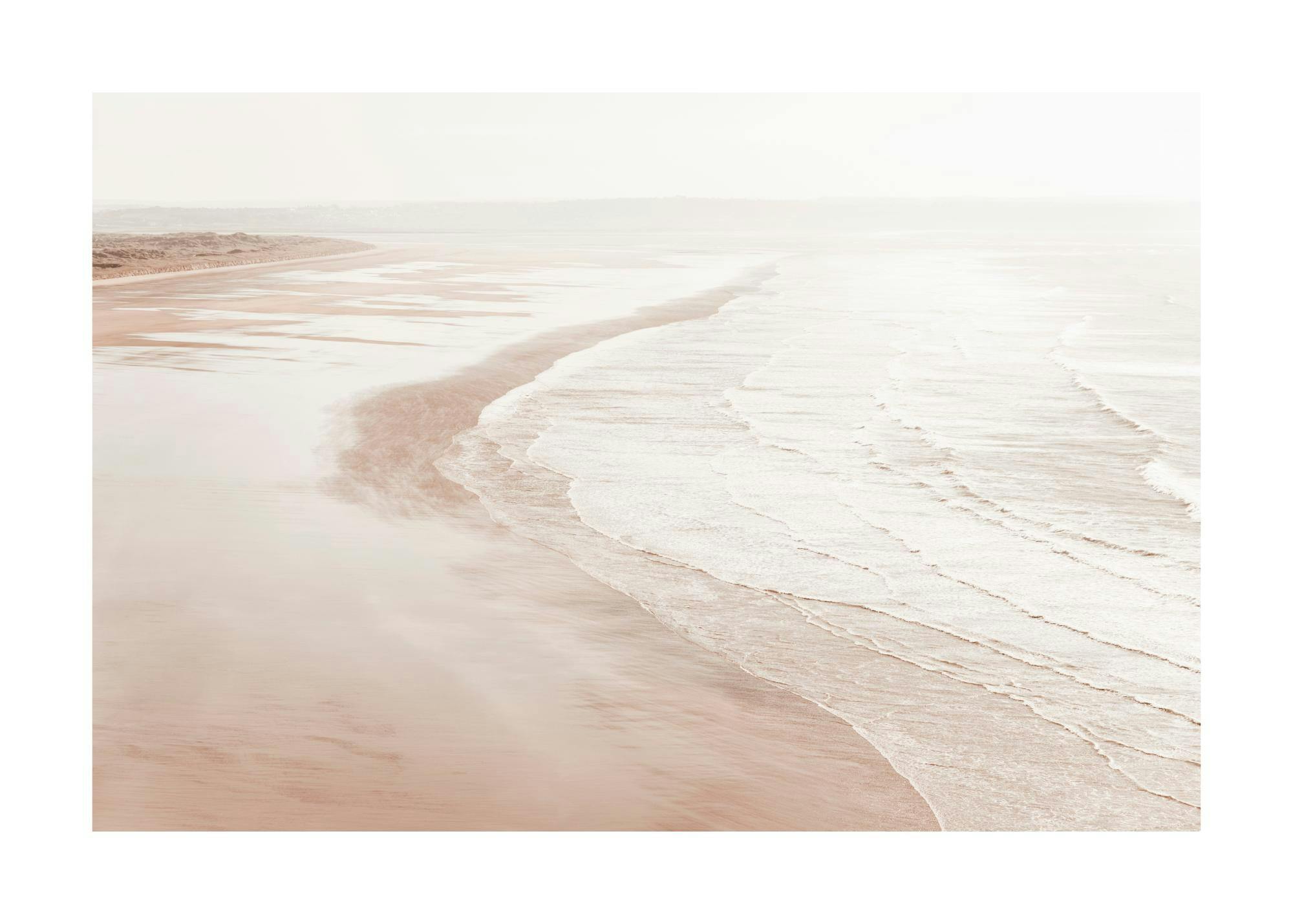 A poster featuring an aerial view of a sandy beach with gentle ocean waves in soft, muted tones.
