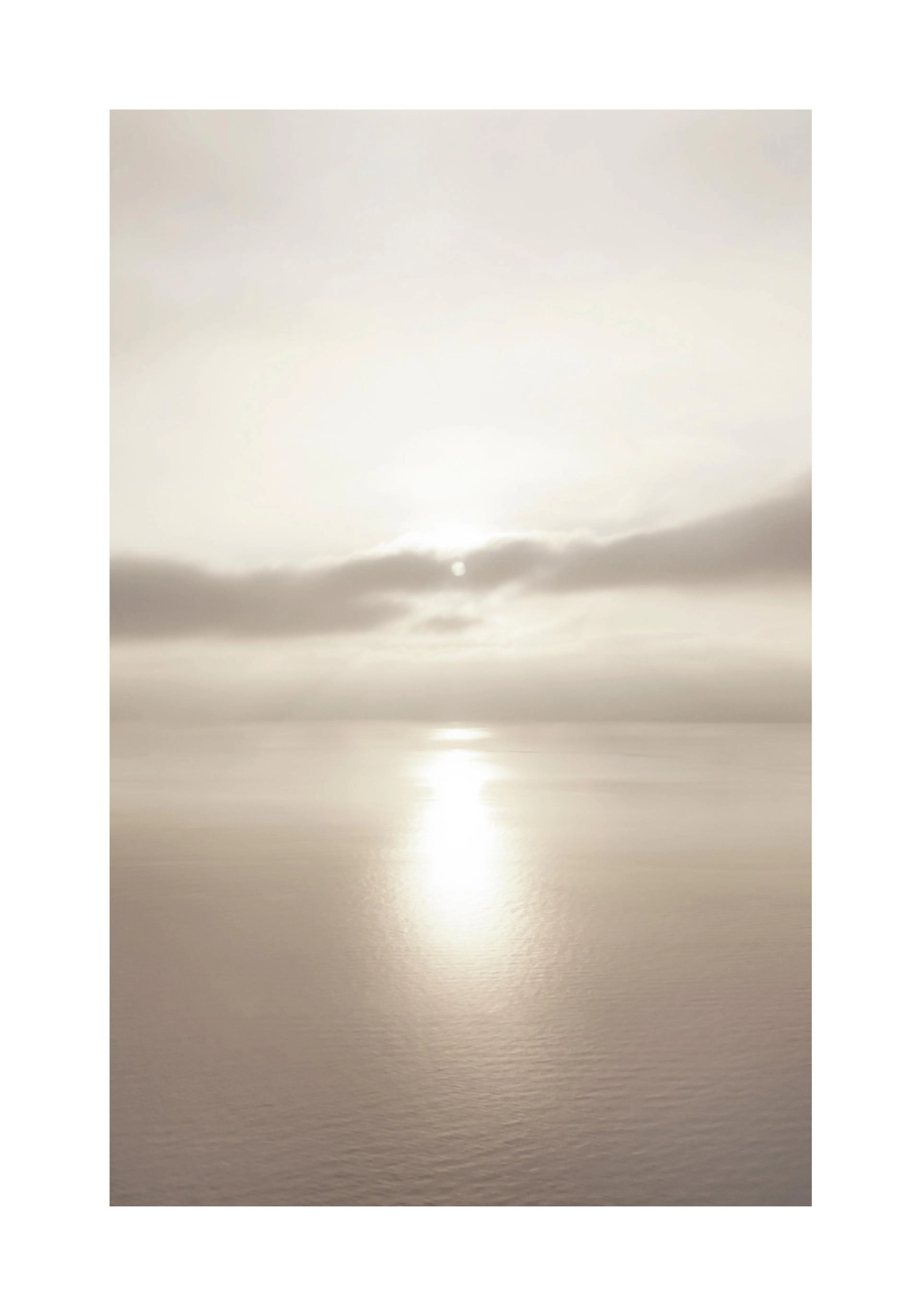 A poster depicting a serene ocean sunset with a bright sun reflecting on the water, muted in warm beige tones.