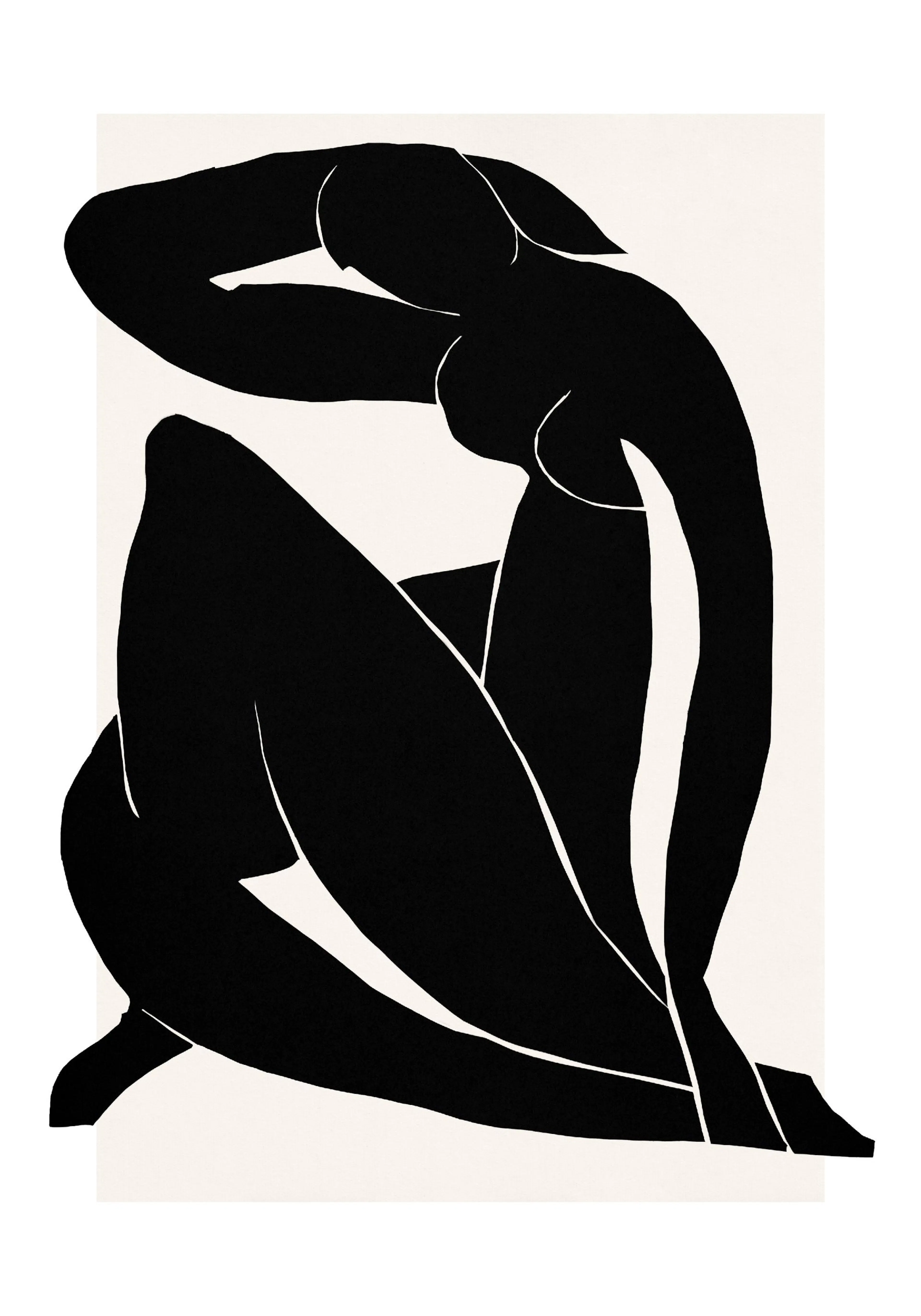 A poster of a black silhouette of a reclining female figure with white outlines on a light beige background.