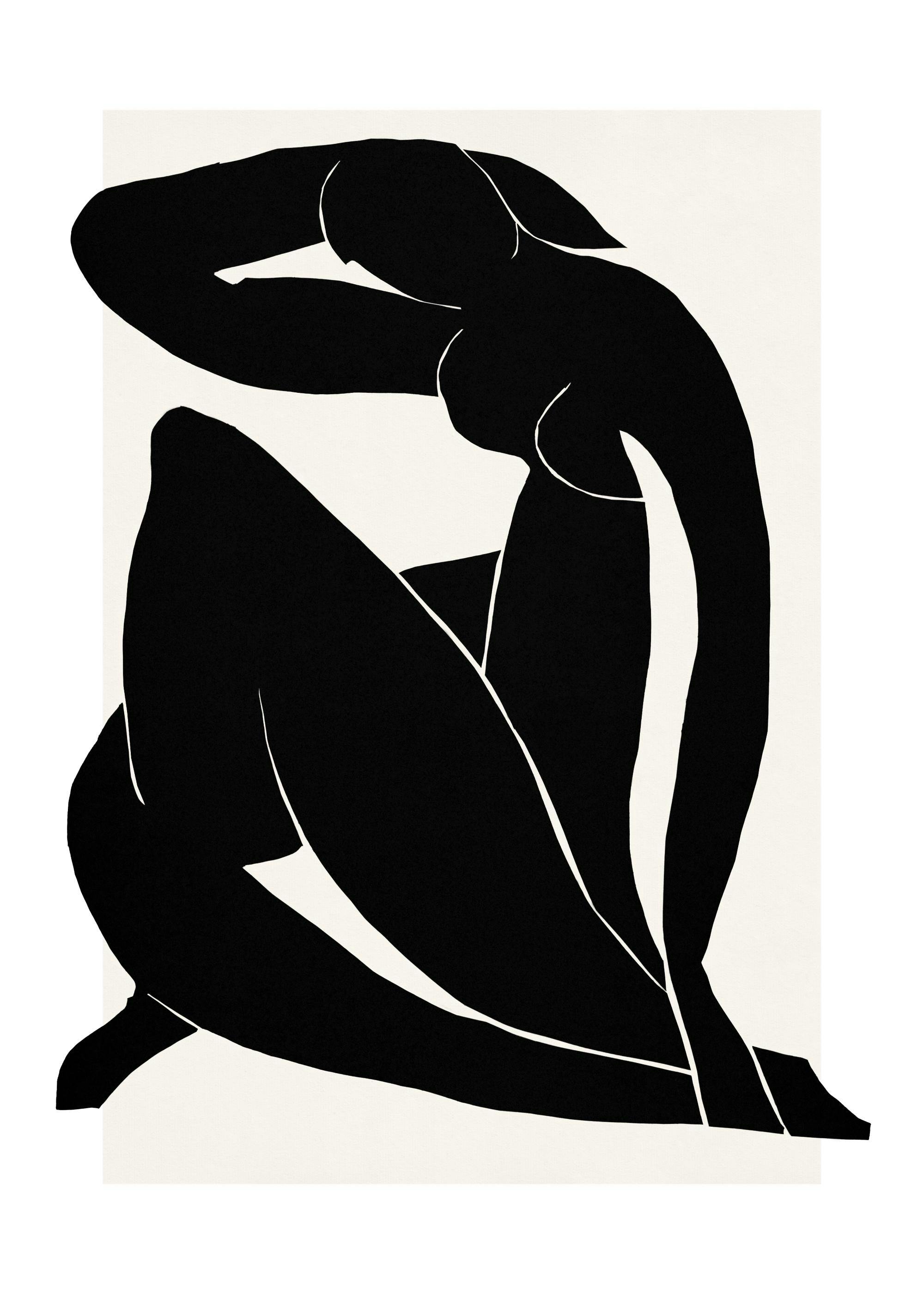 A poster of a black silhouette of a reclining female figure with white outlines on a light beige background.