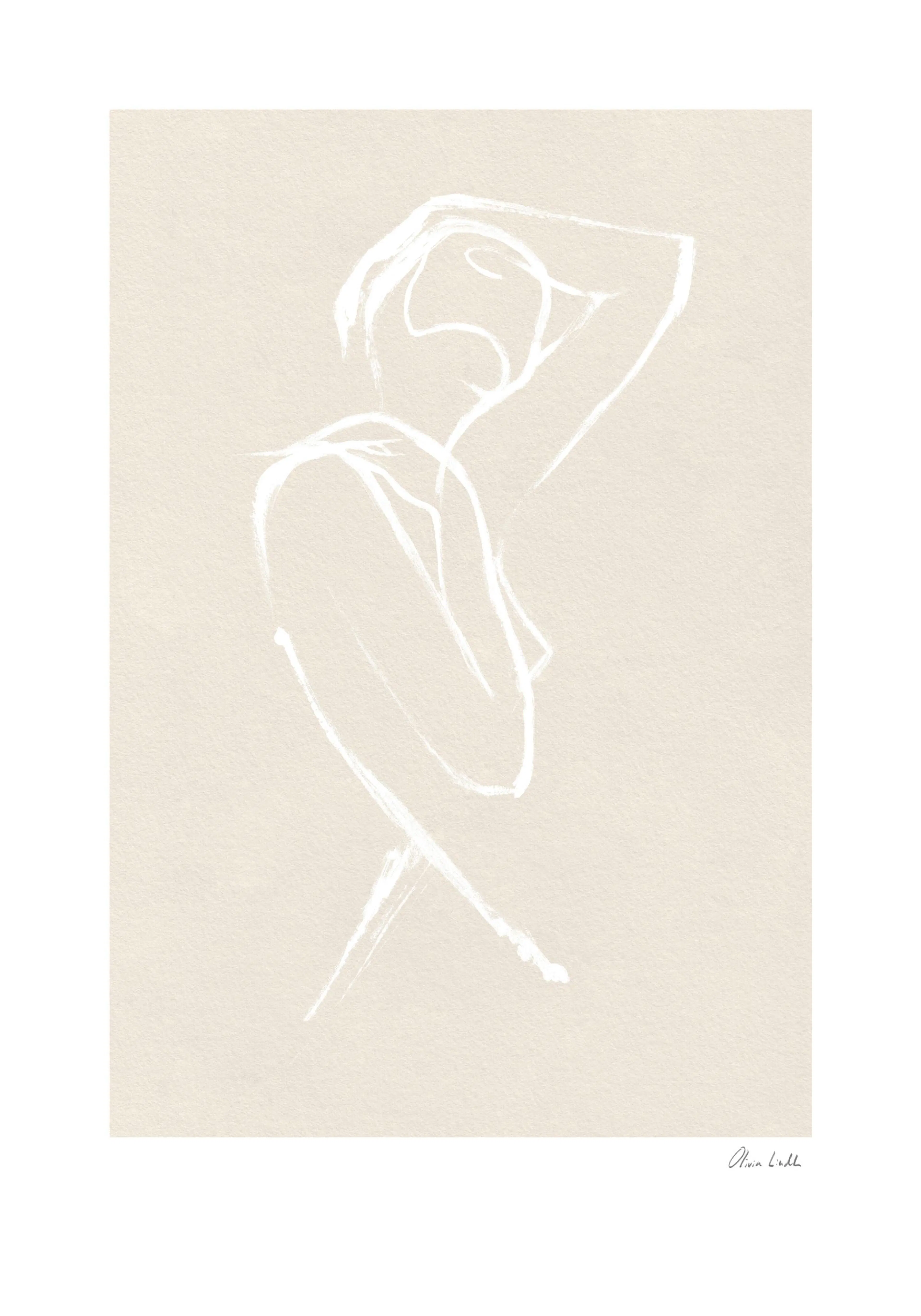 A poster featuring a minimalist white line drawing of a female figure on a beige background.