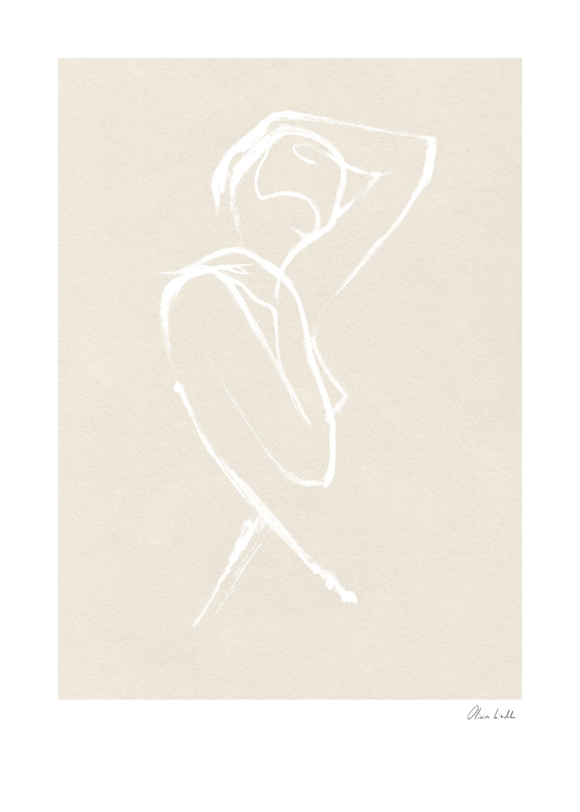 A poster featuring a minimalist line art drawing of a female figure in white on a light beige background.