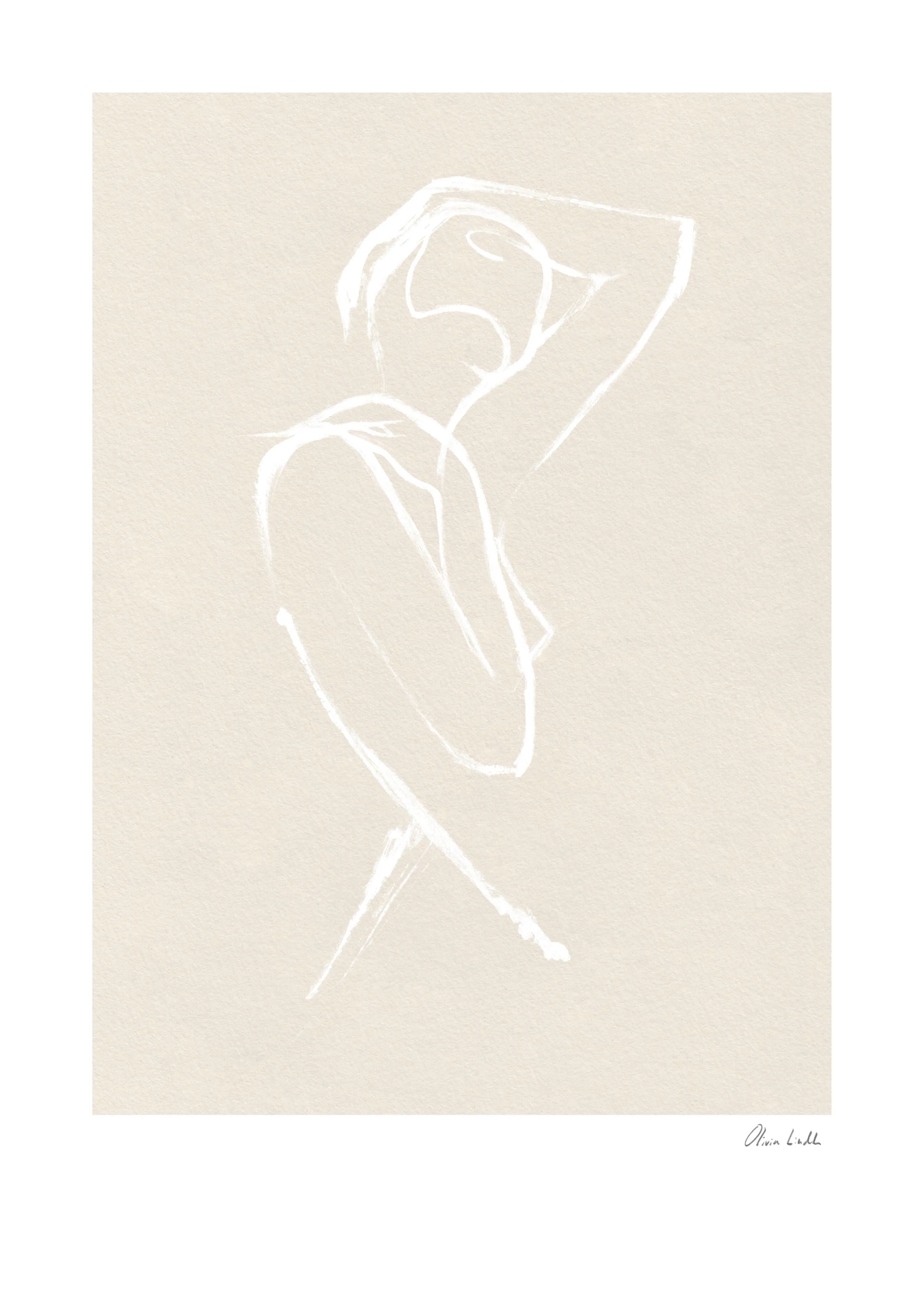 A poster featuring a minimalist line art drawing of a female figure in white on a light beige background.