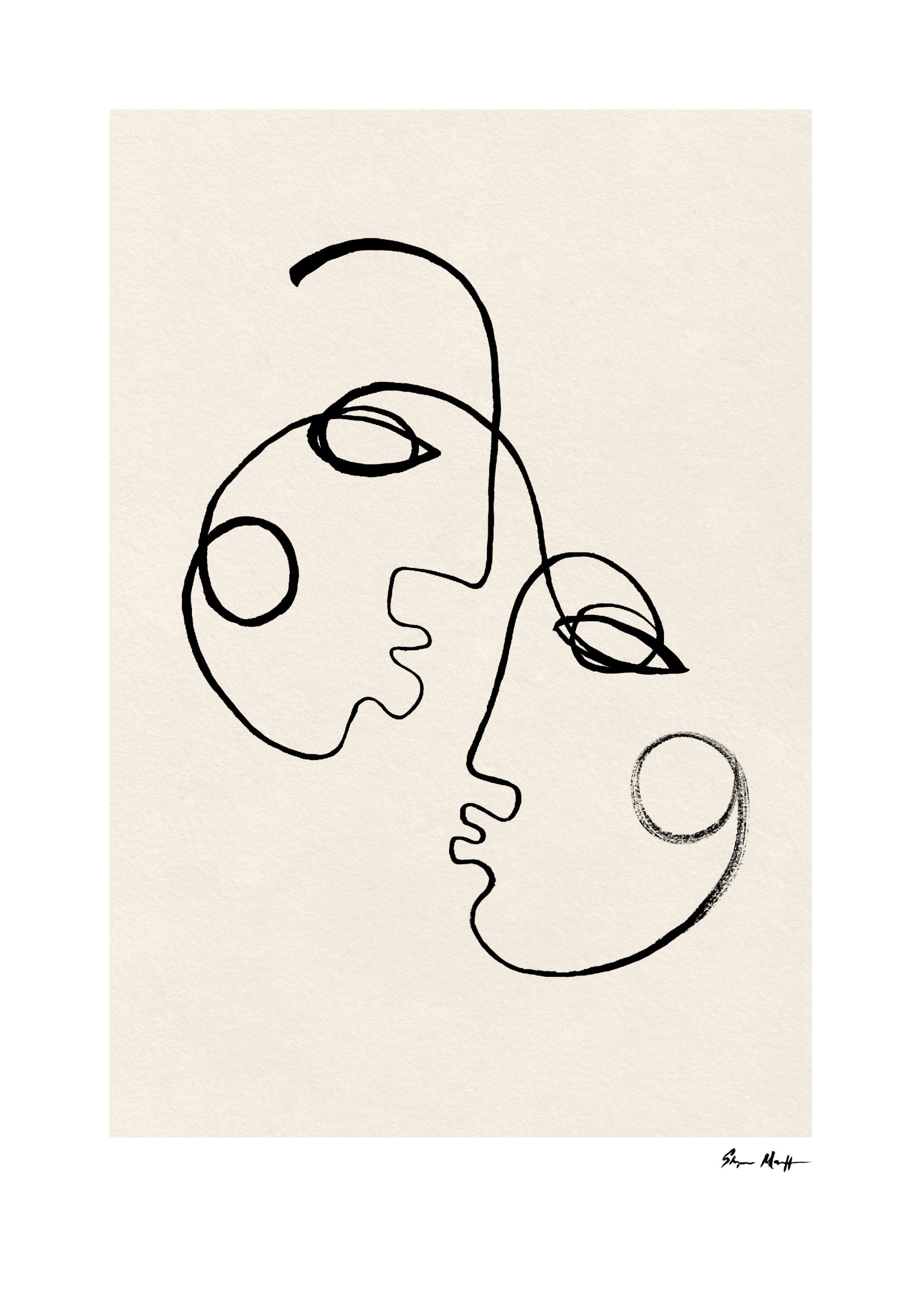 A poster featuring a minimalist black line art illustration of two faces in profile, on a cream background.