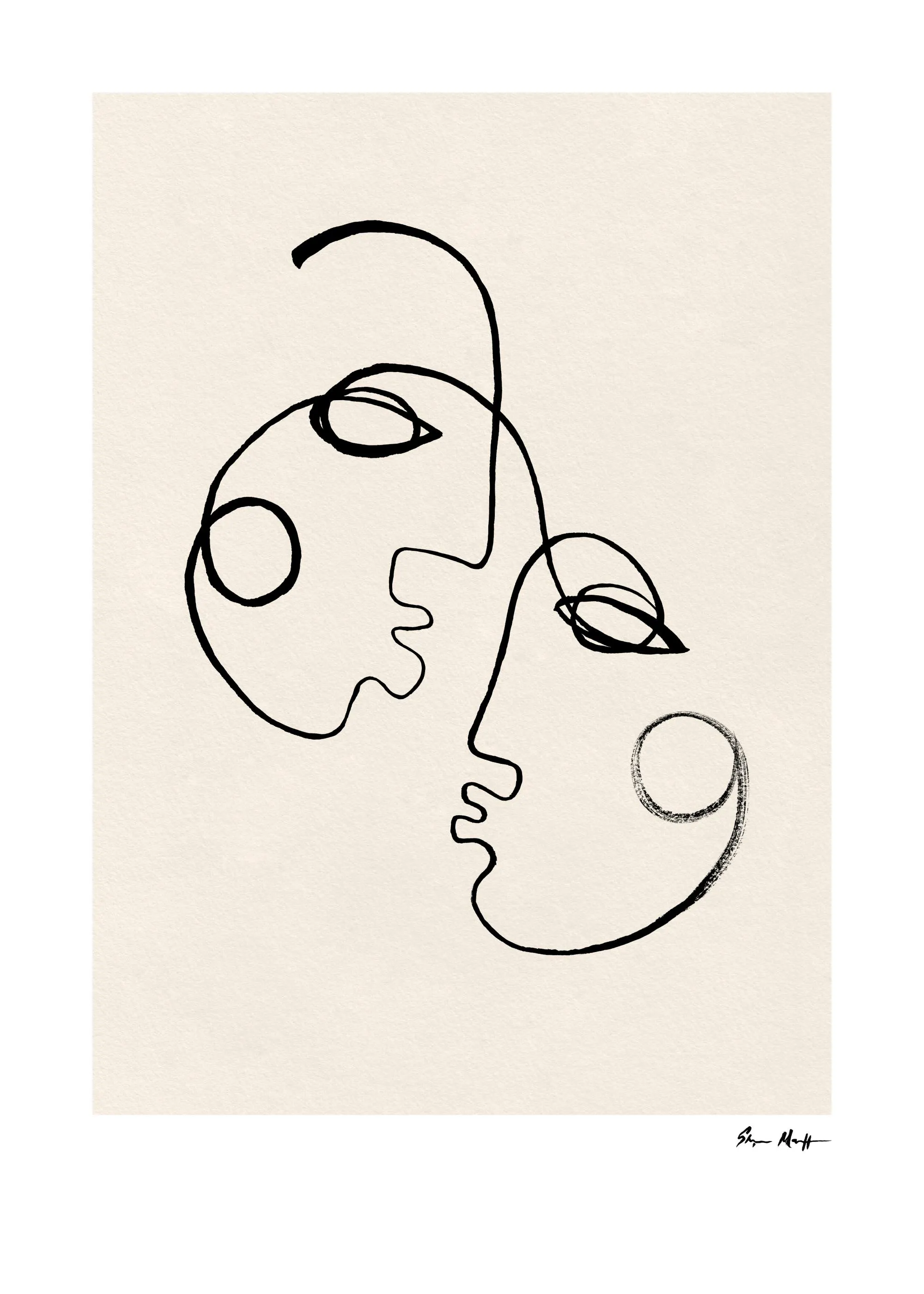 Póster de arte de línea continua con dos rostros abstractos de perfil en tonos beige y negro.