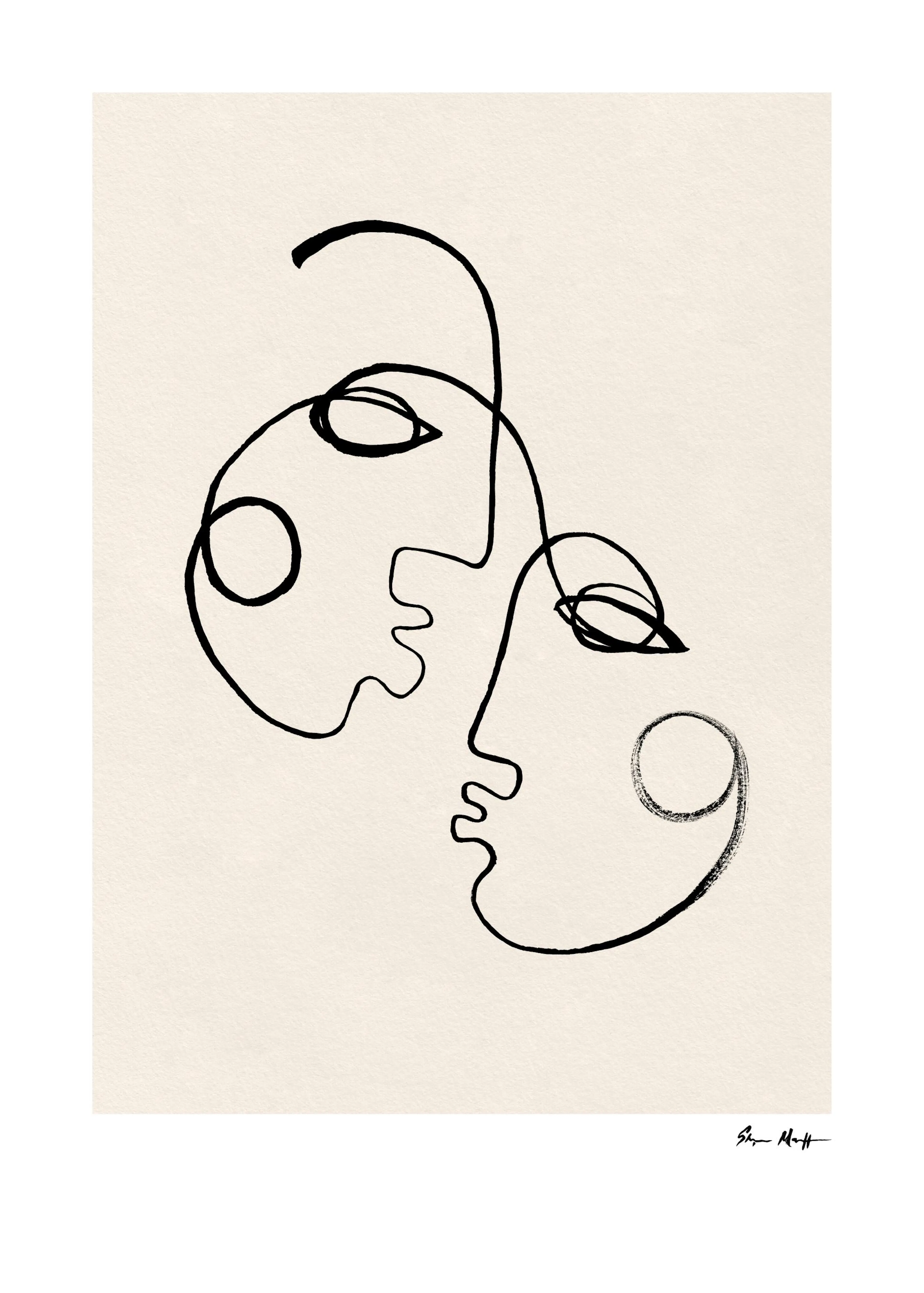 Póster de arte de línea continua con dos rostros abstractos de perfil en tonos beige y negro.