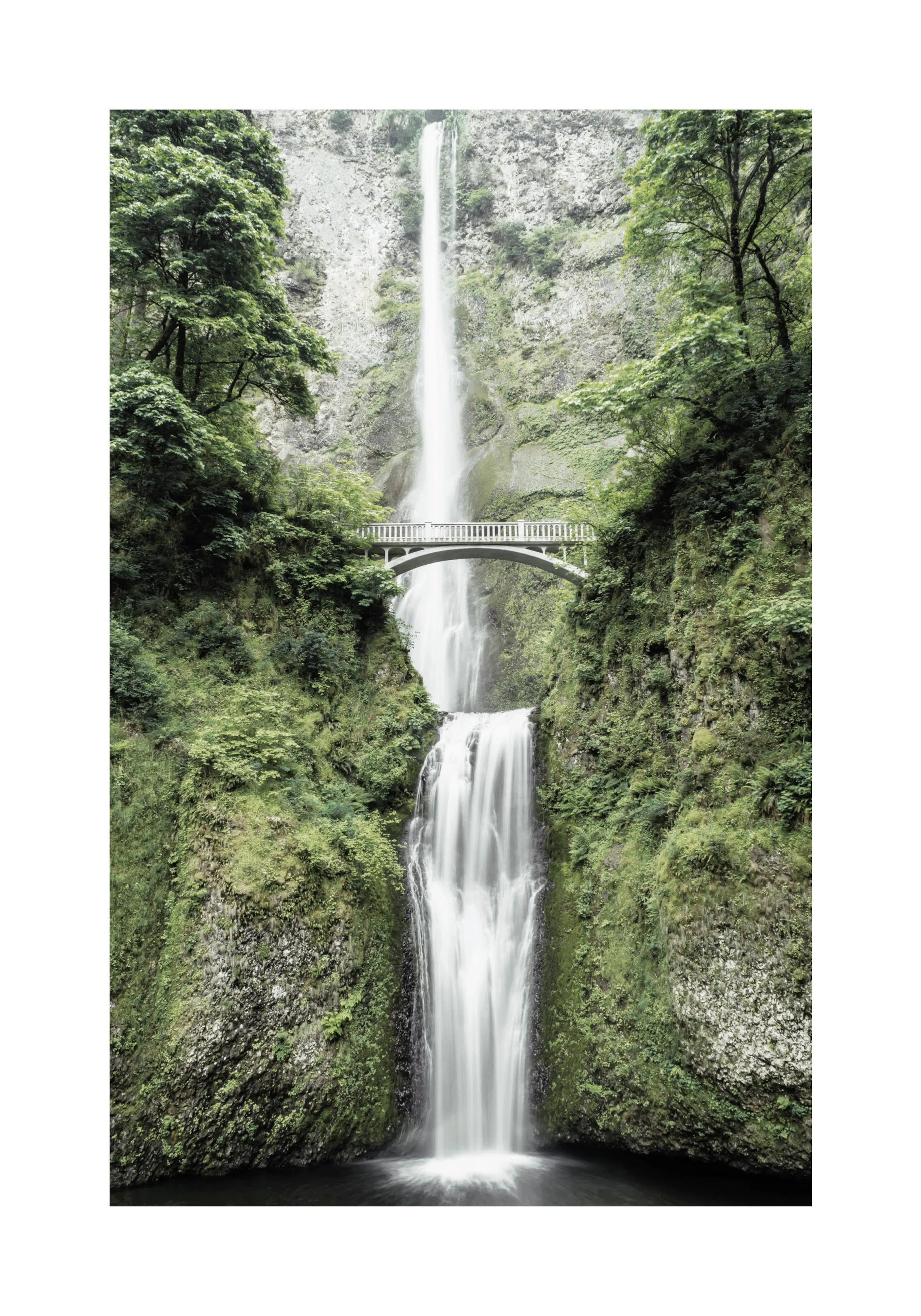 A poster of a tall waterfall cascading over a rocky cliff with lush green foliage and a white bridge crossing the middle section