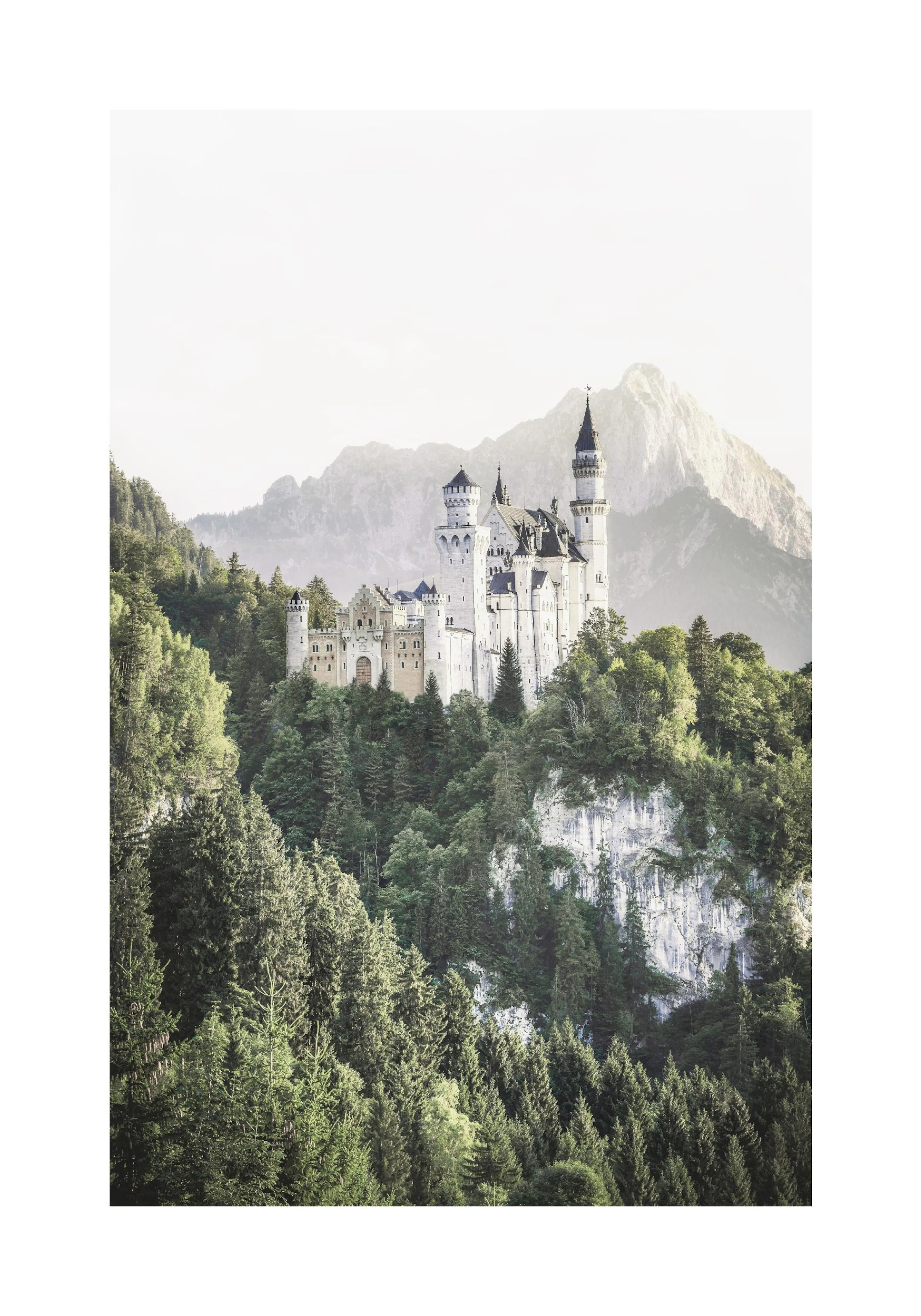 숲과 산으로 둘러싸인 웅장한 노이슈반슈타인 성의 풍경을 담은 poster입니다.