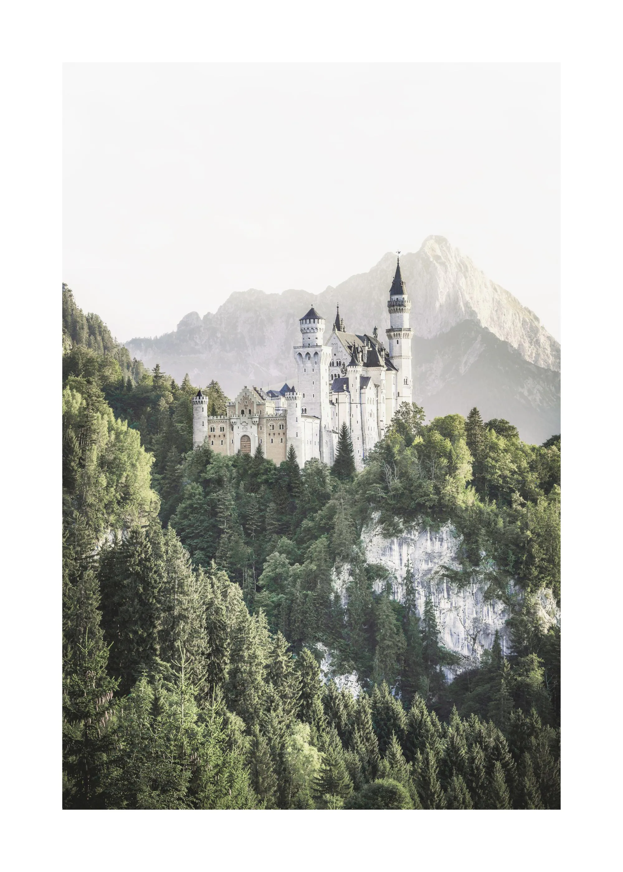 Poster des Schlosses Neuschwanstein auf einem bewaldeten Hügel mit Bergen und hellem Himmel im Hintergrund.