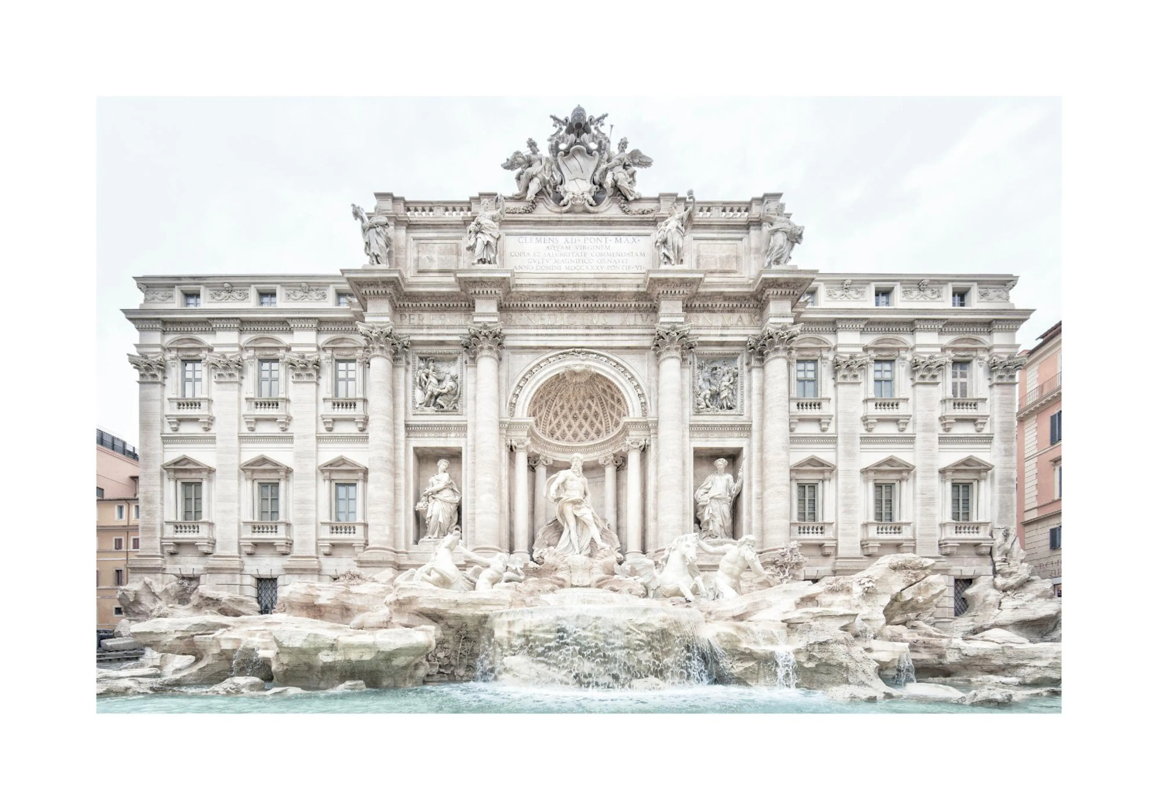 A poster featuring the Trevi Fountain in Rome, showcasing its white marble architecture and flowing blue water.