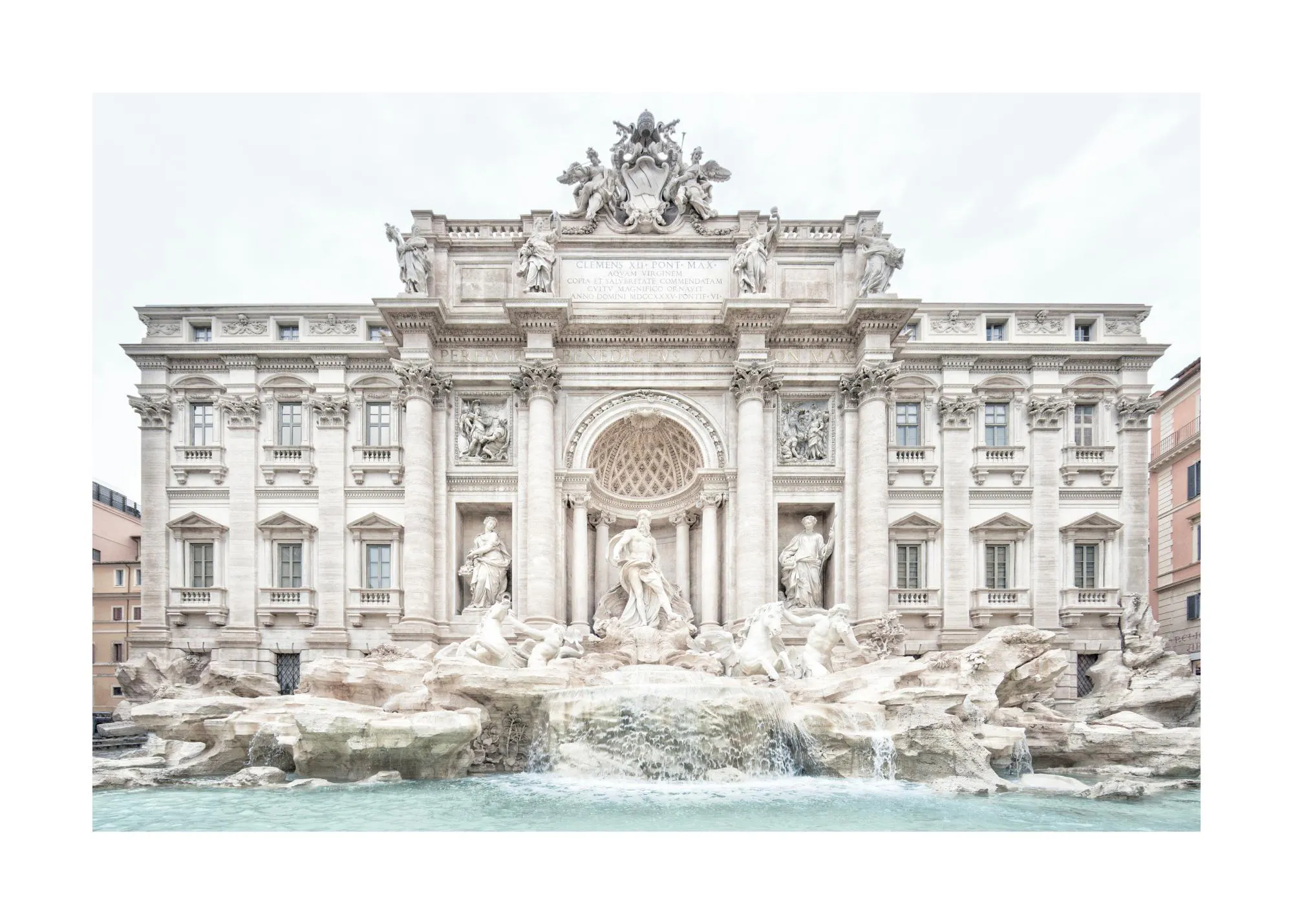 A poster featuring the Trevi Fountain in Rome, showcasing its white marble architecture and flowing blue water.