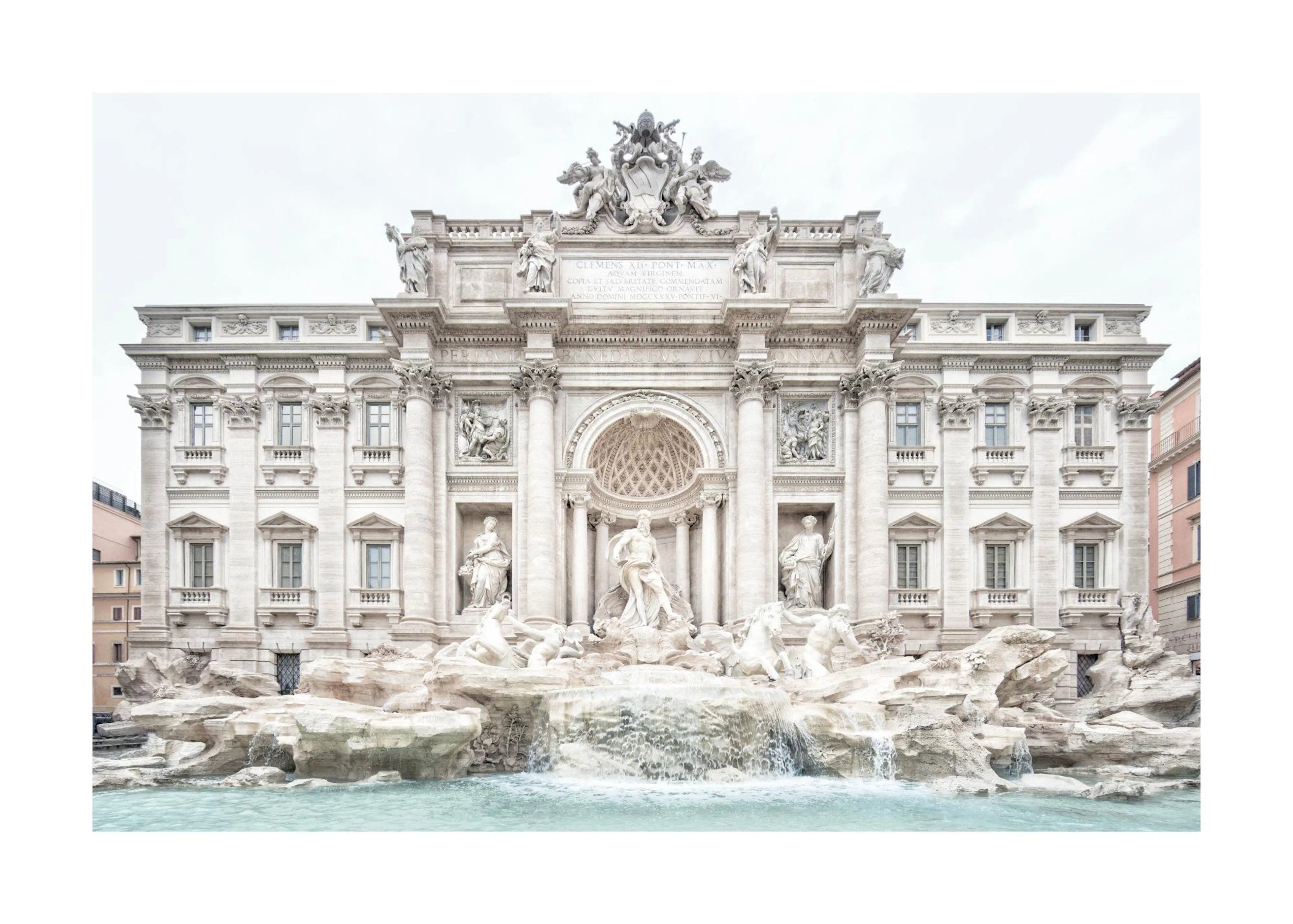 A poster featuring the Trevi Fountain in Rome, showcasing its white marble architecture and flowing blue water.