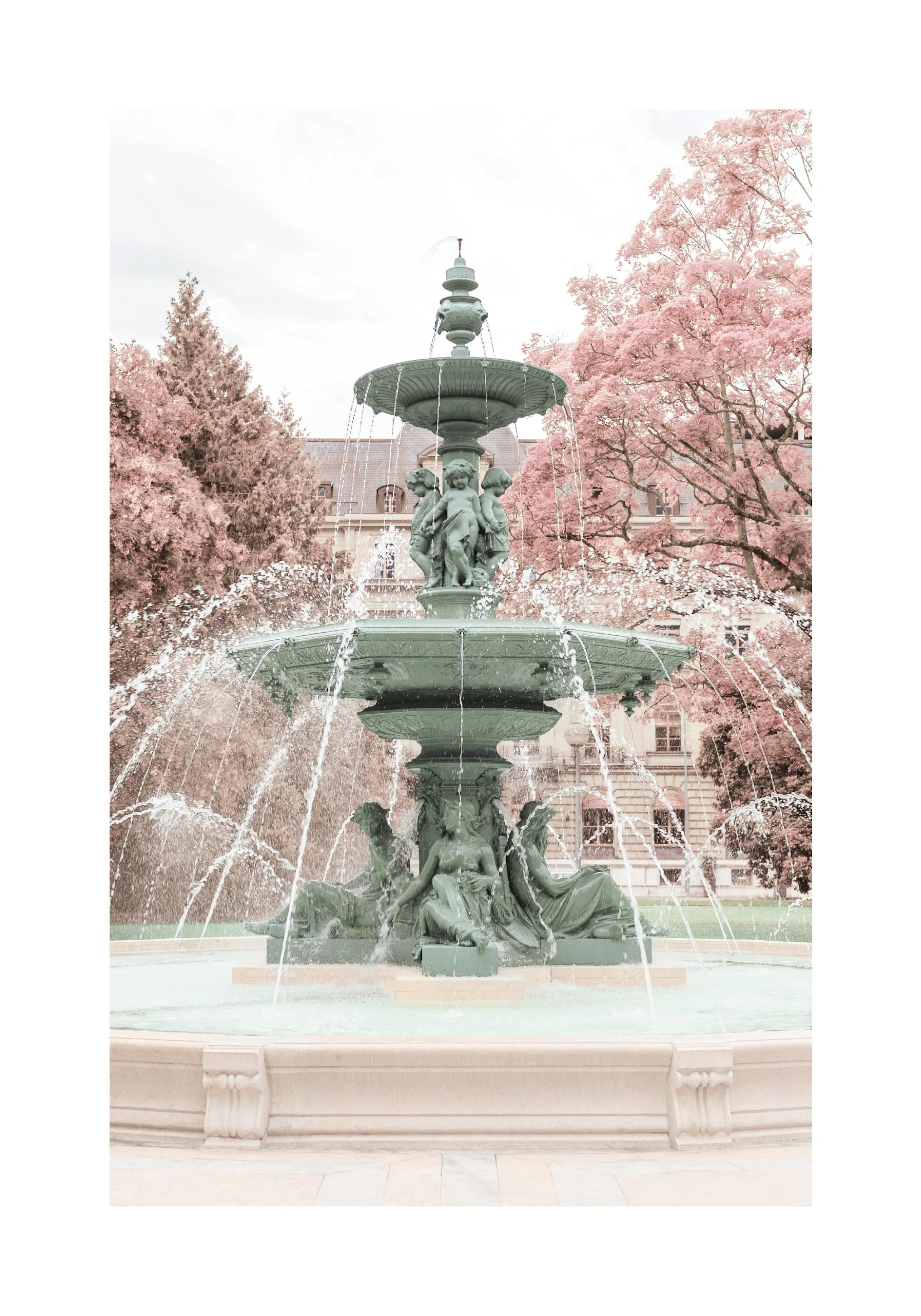 A poster featuring a grand teal fountain with cherubs and statues, surrounded by pink-leafed trees and a building in the backgro