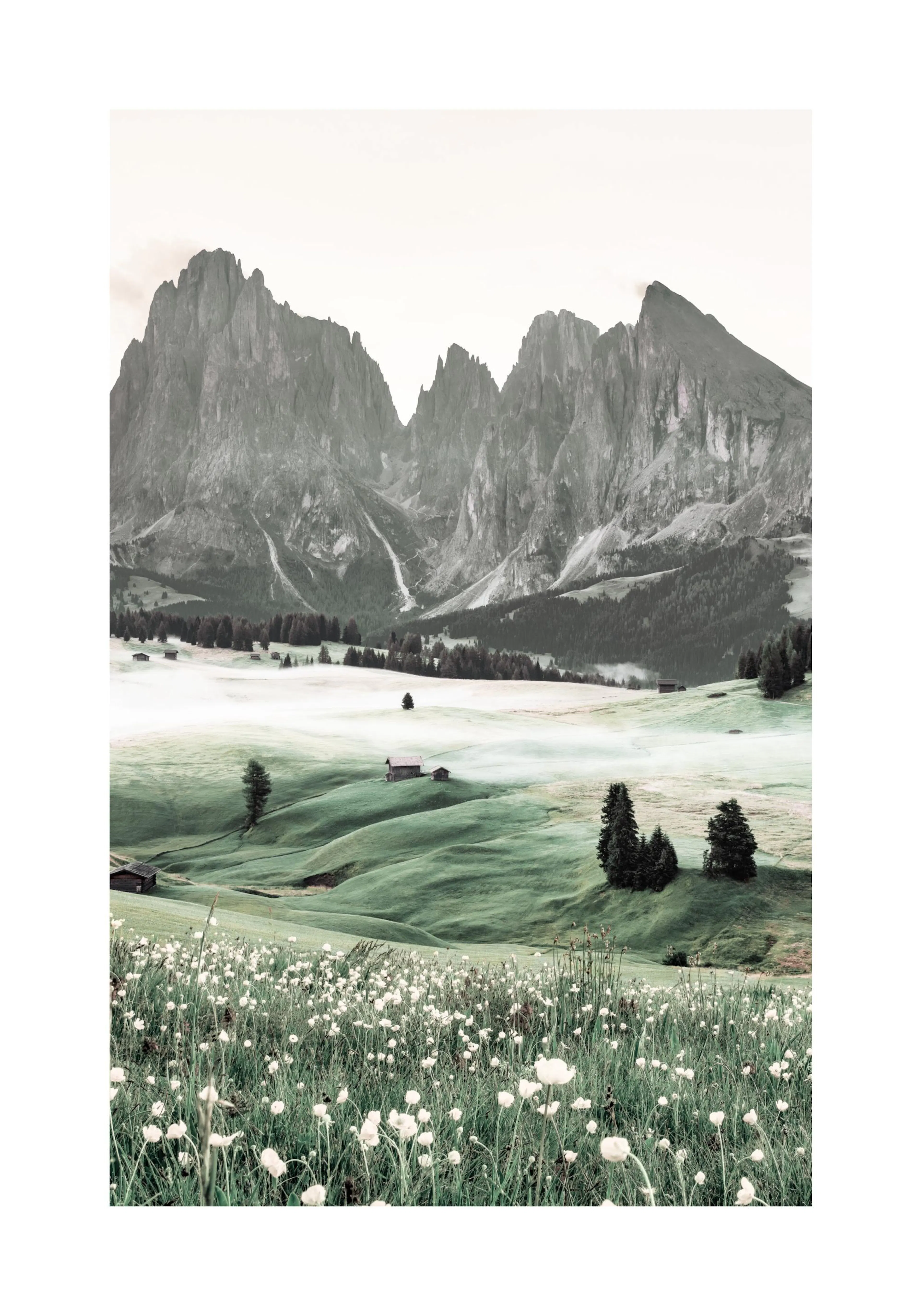 A poster depicting a field of white flowers in the foreground, with rolling green hills, small huts, and large mountains in the 