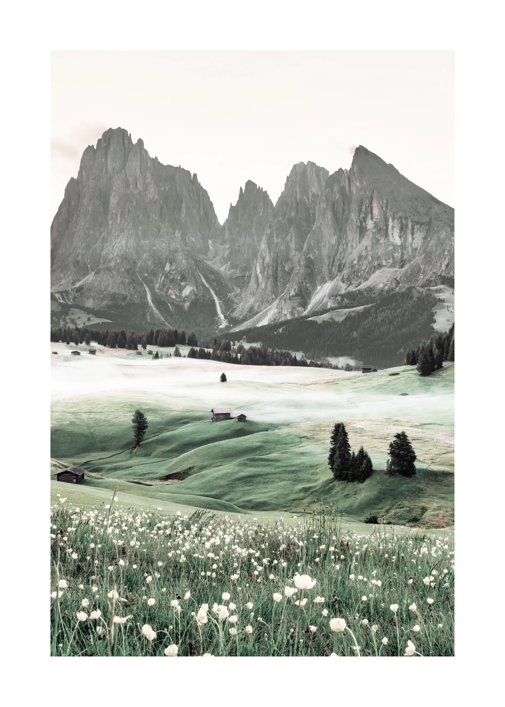 Poster einer alpinen Berglandschaft mit grünen Wiesen, schneebedeckten Gipfeln und einem blühenden Blumenfeld im Vordergrund.