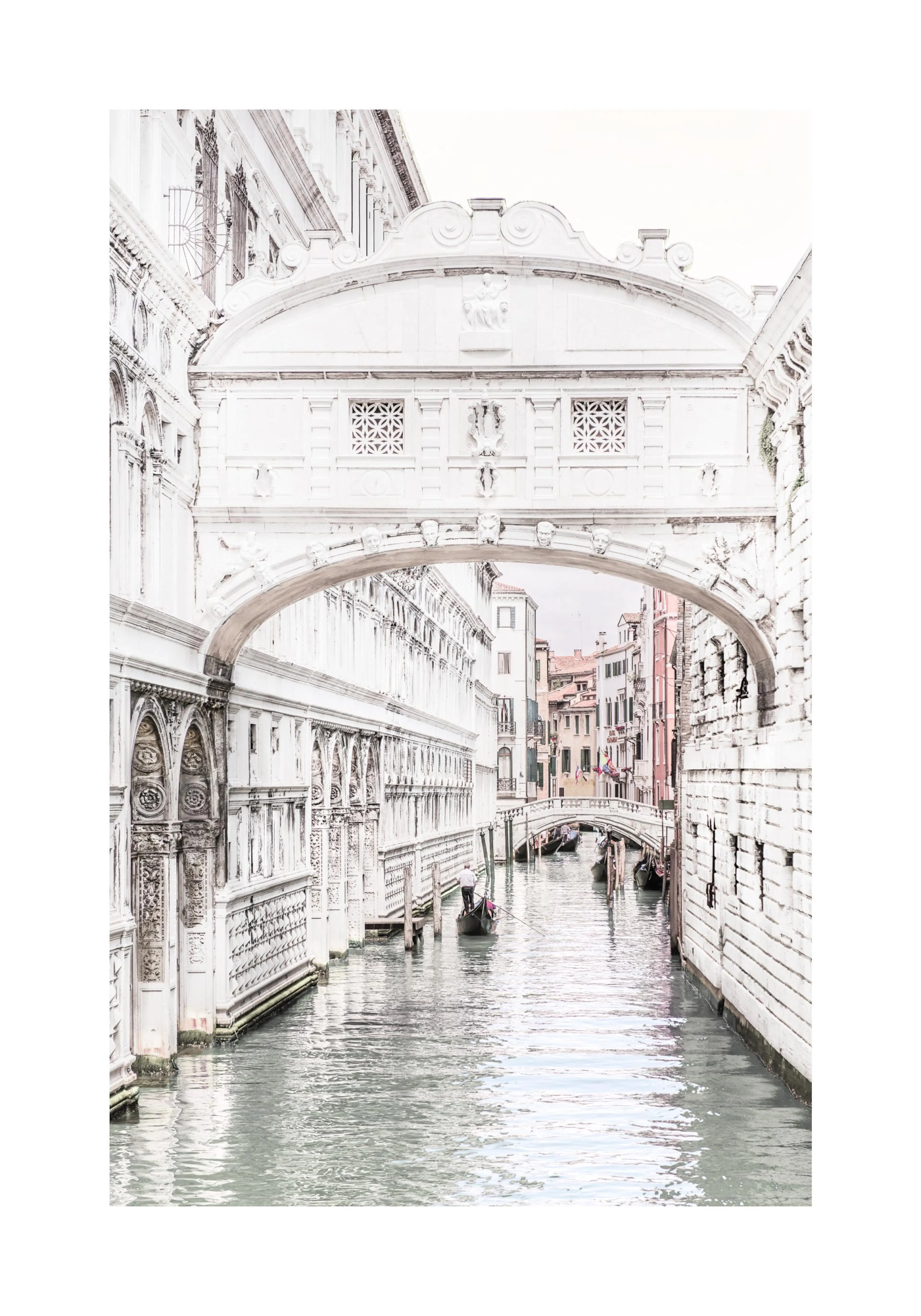 A poster featuring the iconic white Bridge of Sighs in Venice, Italy, spanning a canal with gondolas.