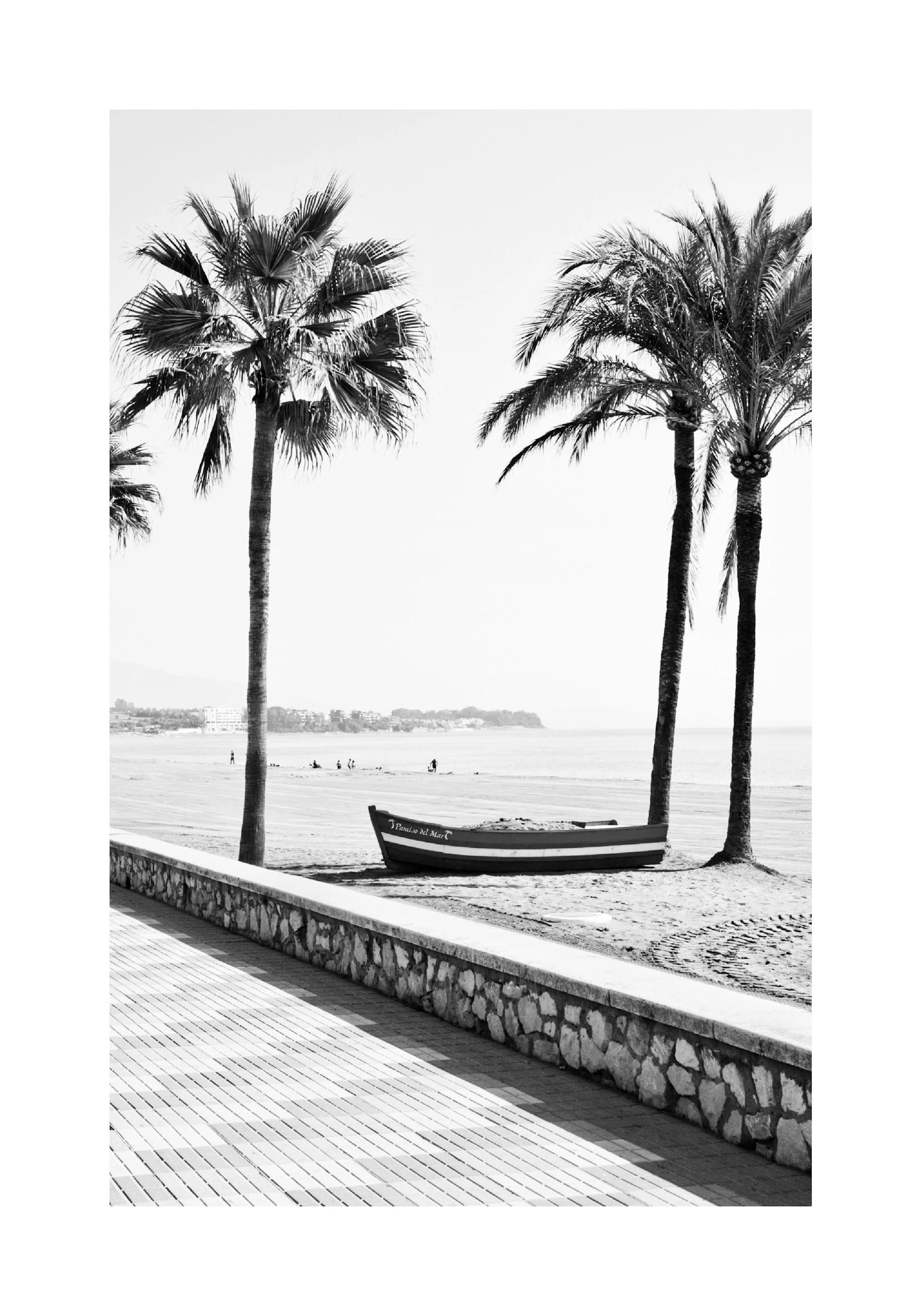 Poster en noir et blanc dun bateau de pêche sur une plage bordée de palmiers et dun trottoir.