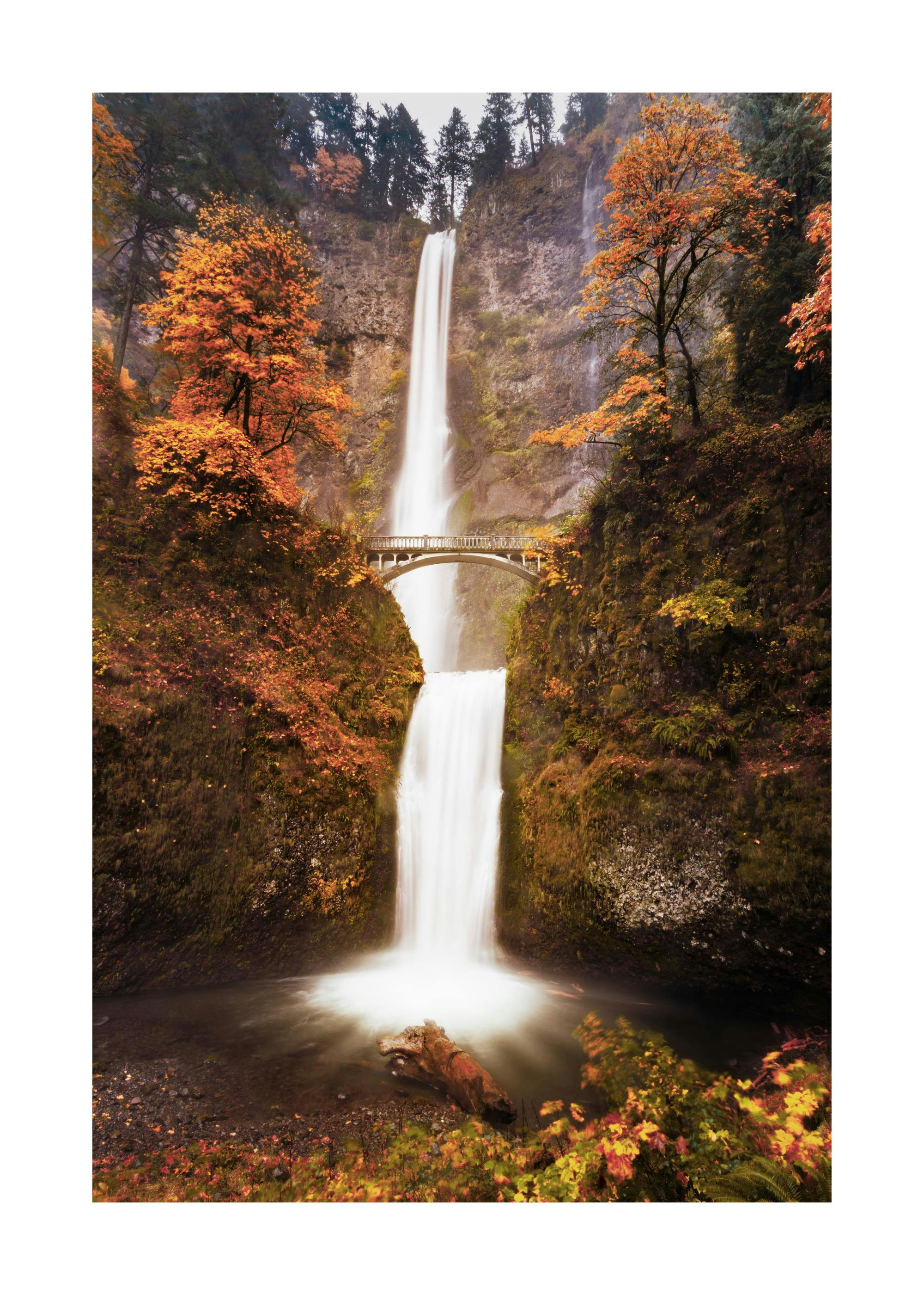 Un poster dune cascade spectaculaire avec un pont traversant la roche, entouré darbres aux feuilles orange dautomne.