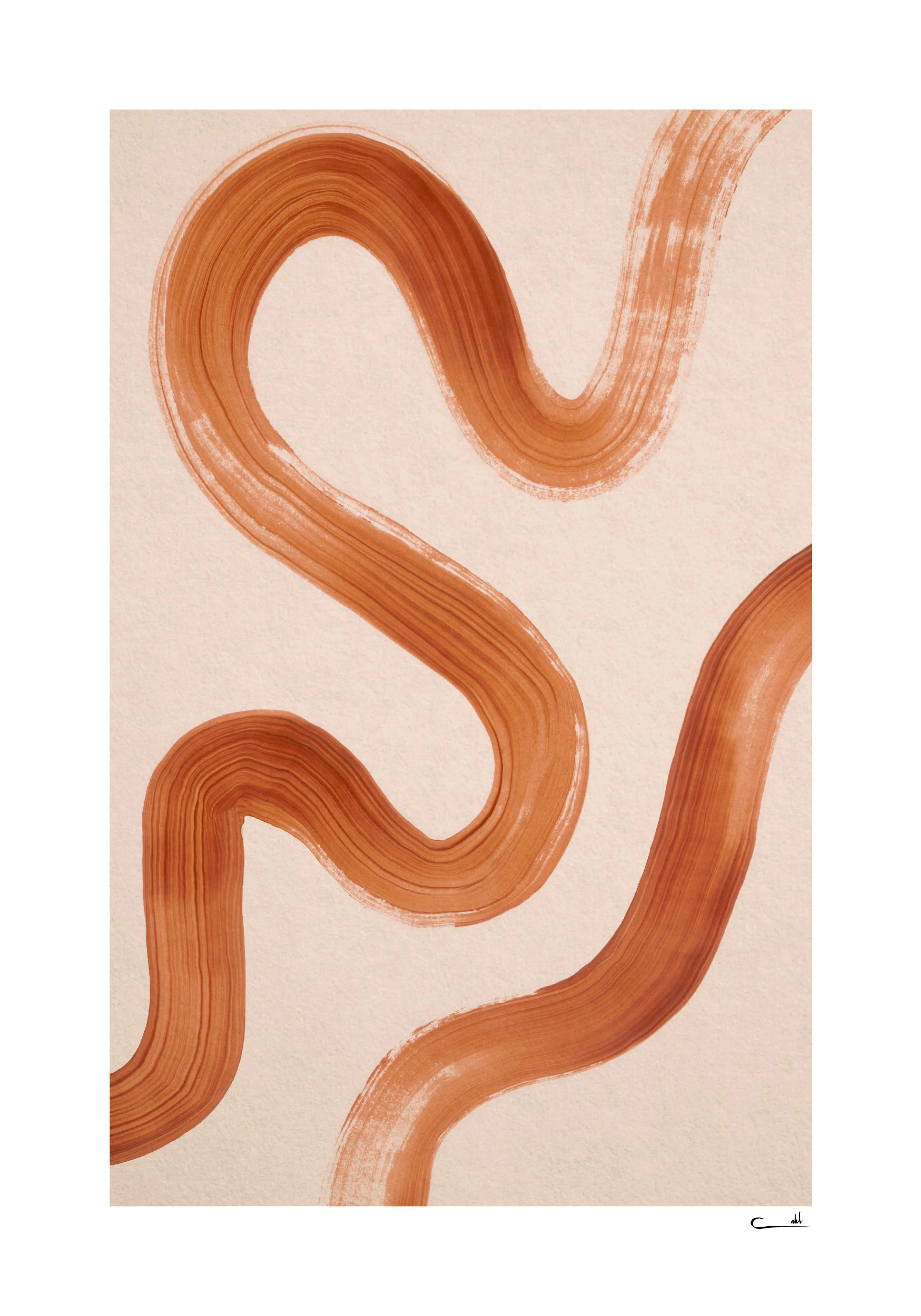 A poster featuring a flowing, abstract artwork with broad, earthy orange brushstrokes on a light beige background.