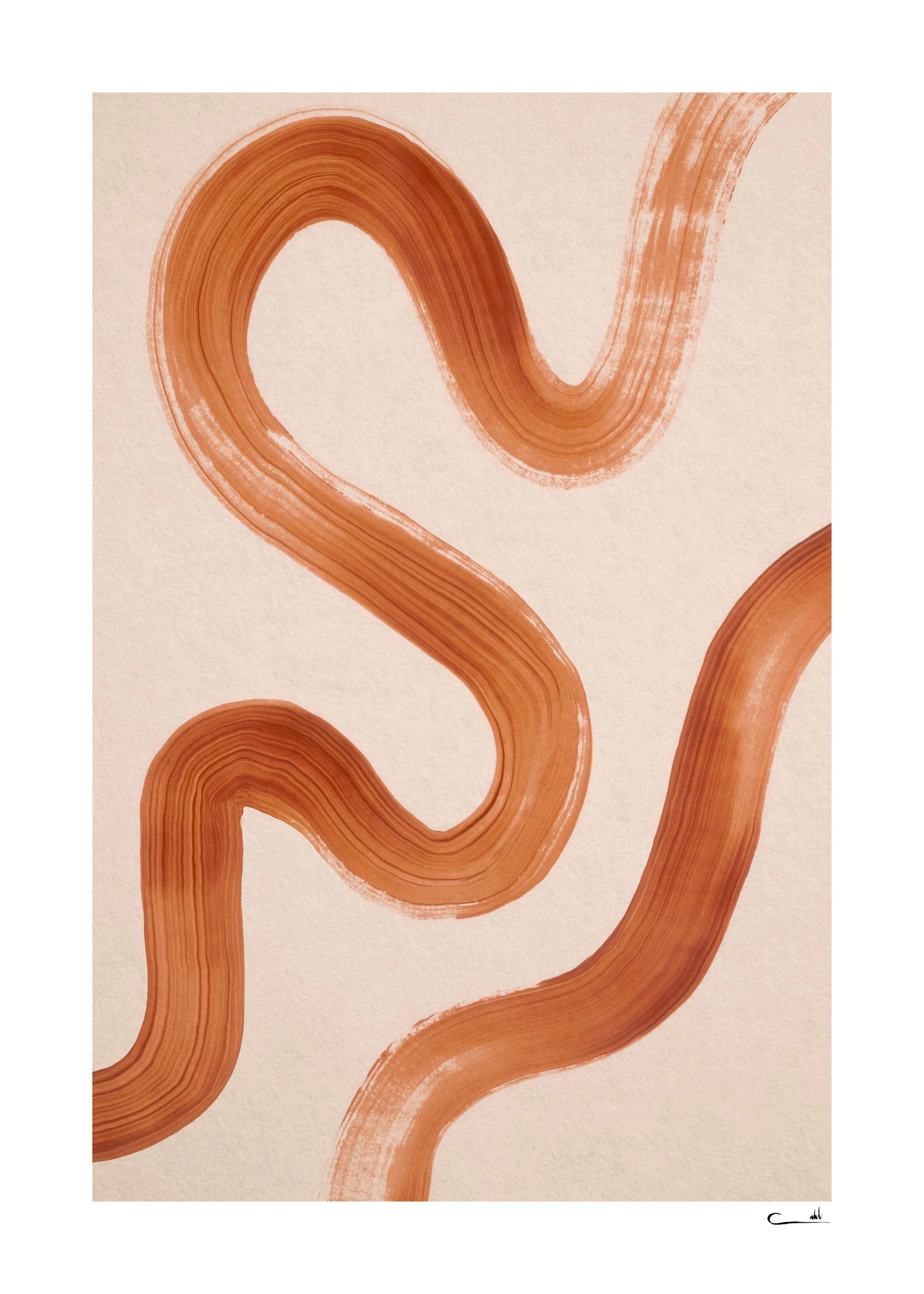 Poster abstrait avec des formes organiques marron rouille sur un fond beige clair.