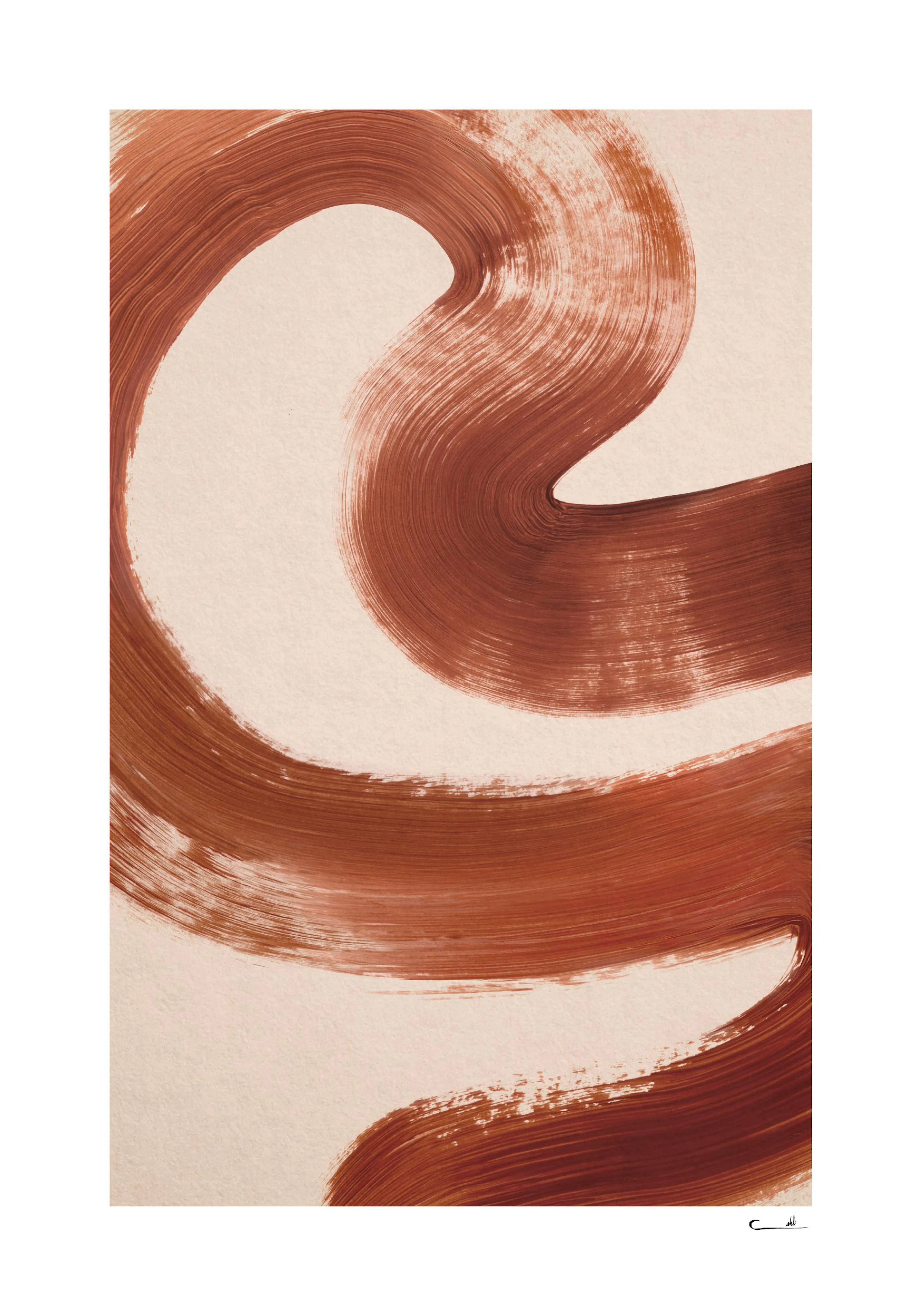 A poster featuring a flowing, abstract brushstroke design in earthy brown hues on a light background.