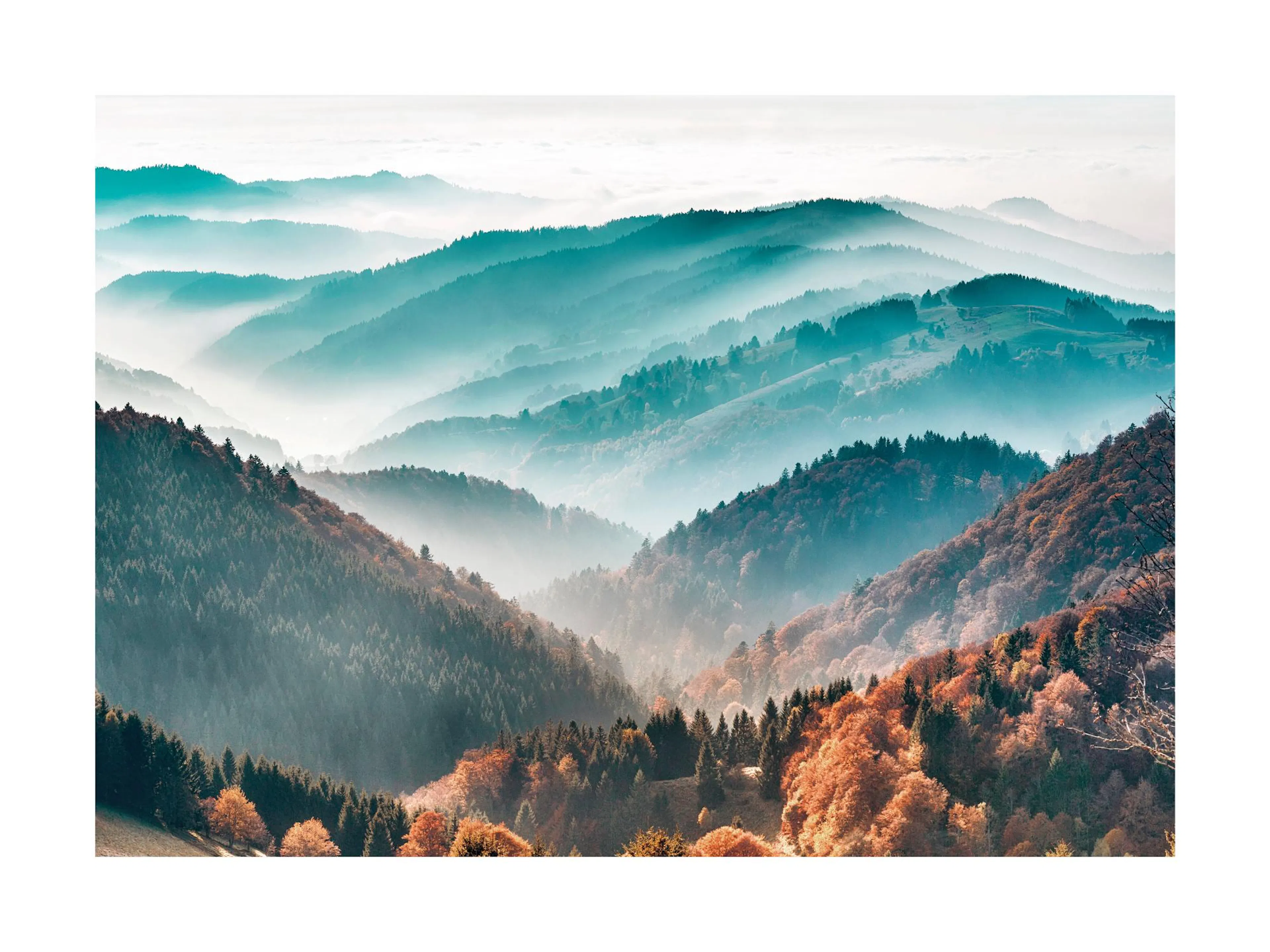 A poster depicting misty, teal-blue mountain ranges fading into the distance, with vibrant orange and green trees in the foregro