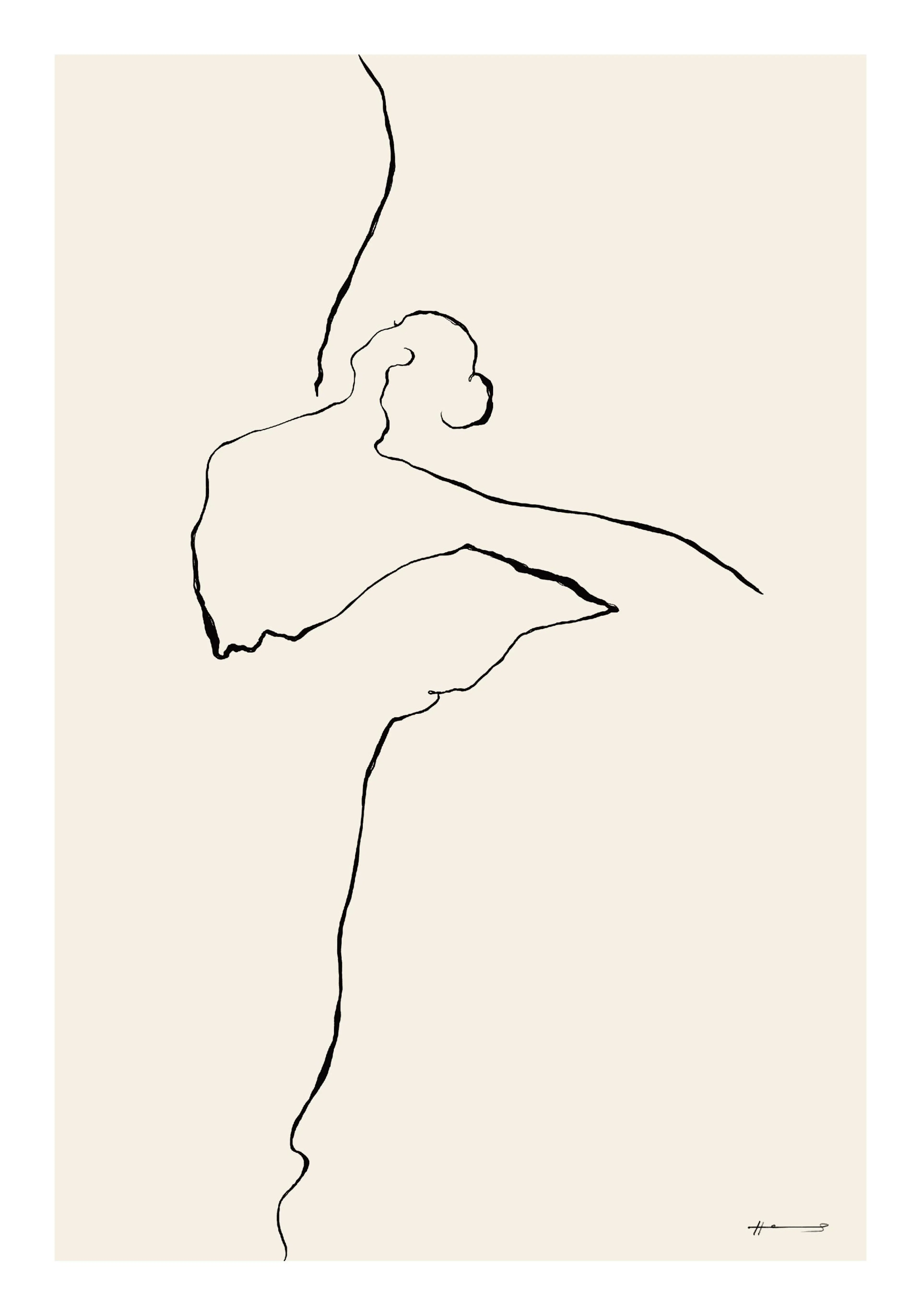 A poster featuring a minimalist black line art drawing of a female figure on a light cream background.