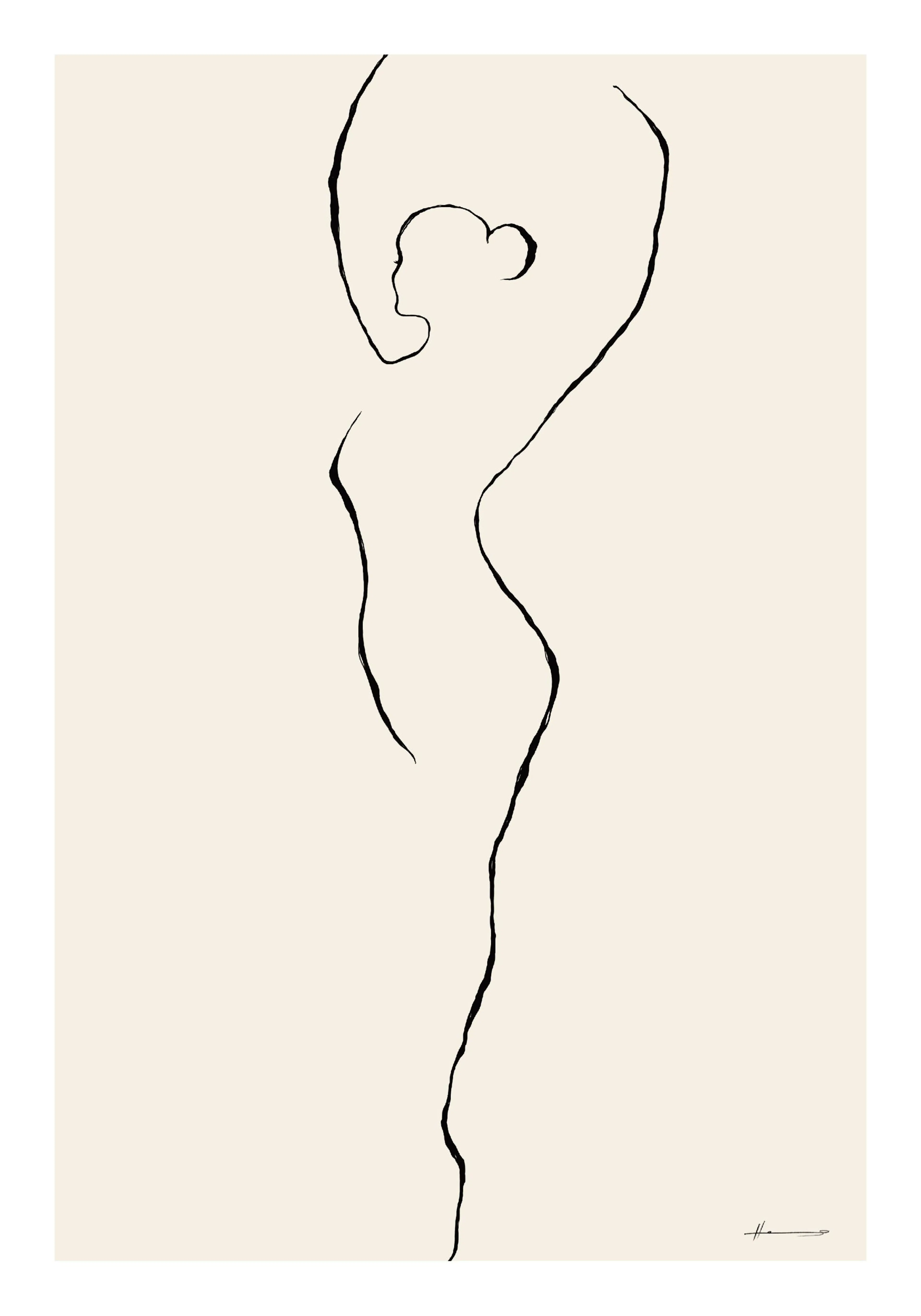 A poster featuring a minimalist black line drawing of a female figure on a light cream background, with arms raised.