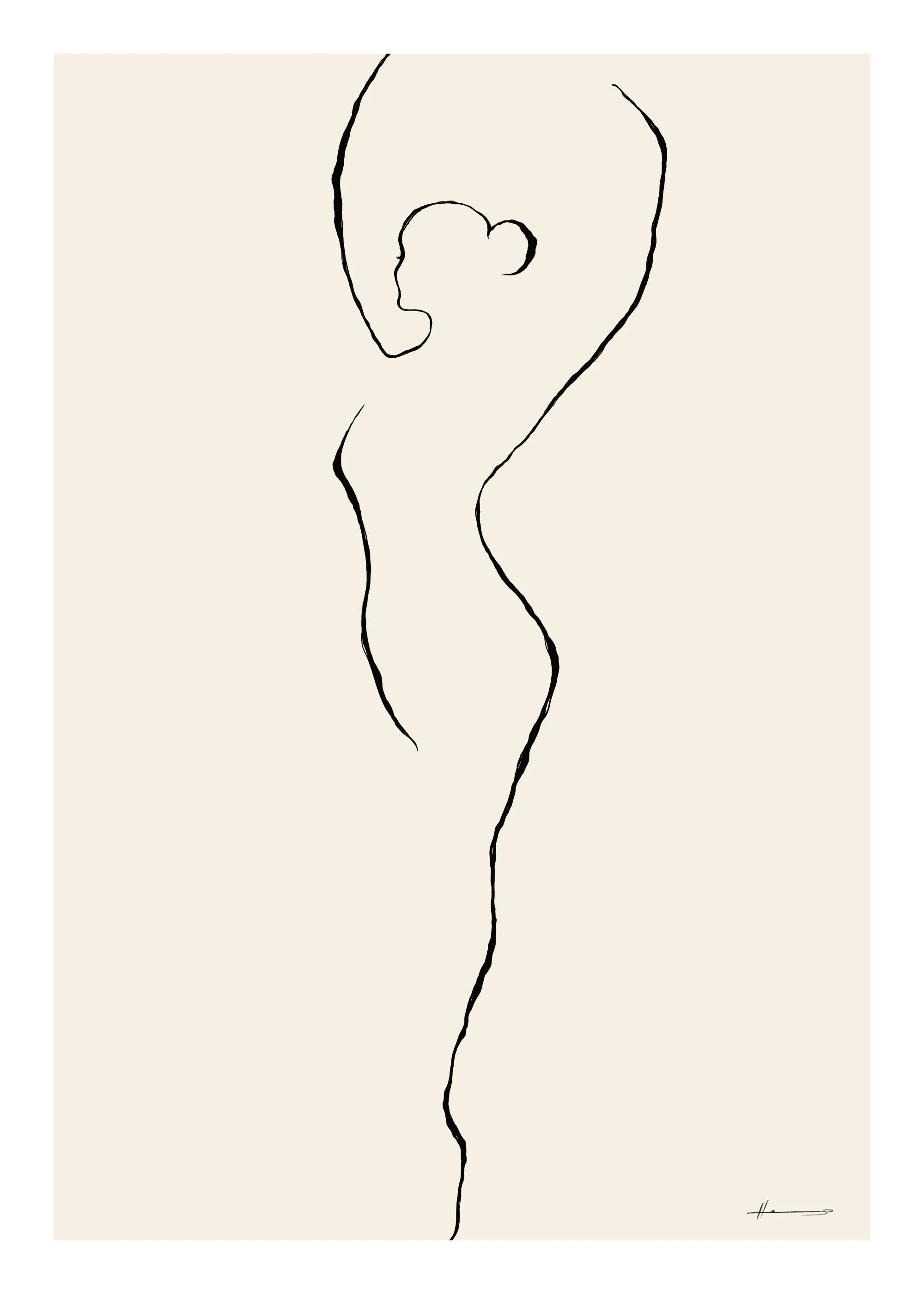 Poster einer minimalistischen schwarzen Linie, die eine weibliche Figur auf beigem Hintergrund darstellt.