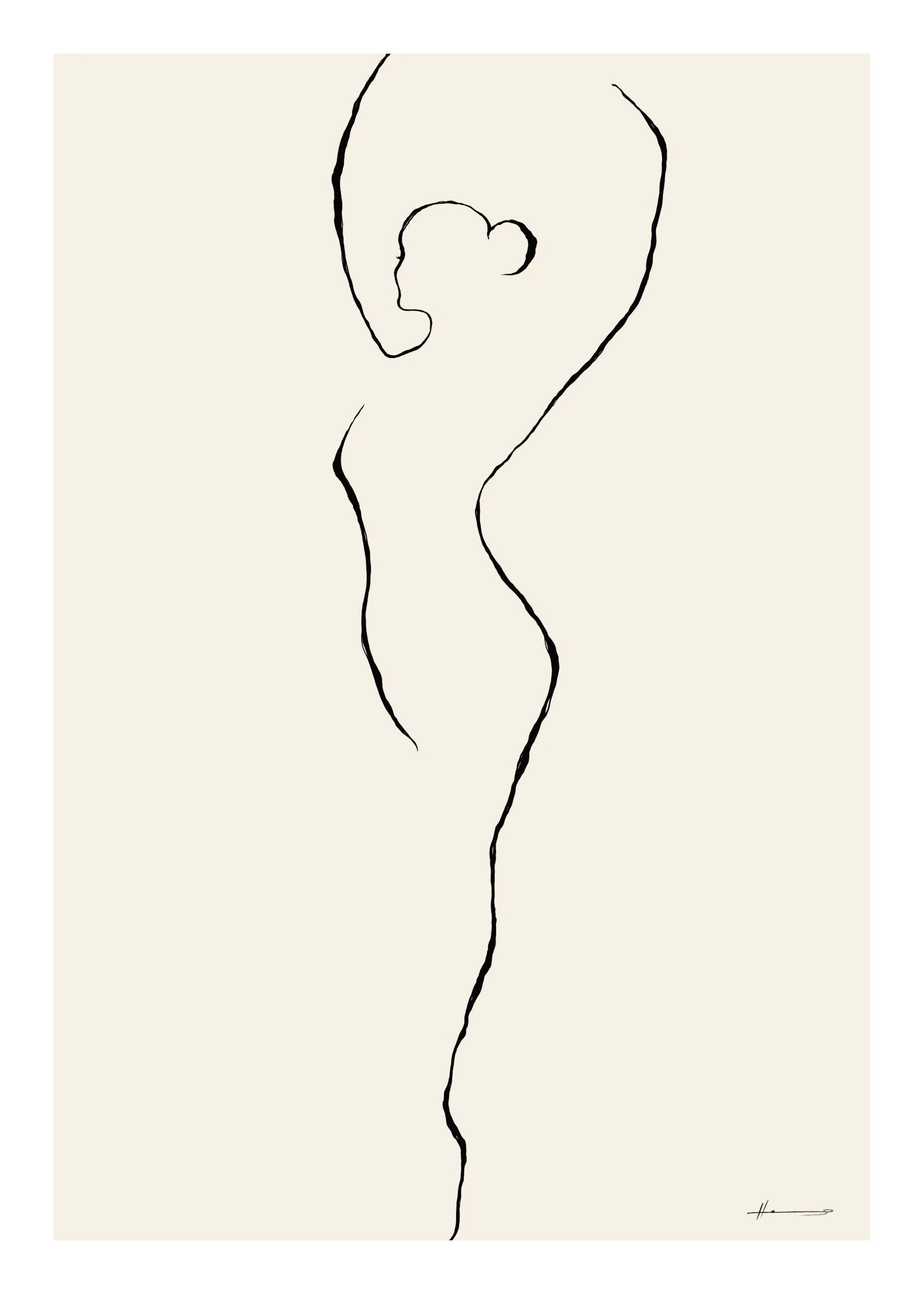 Poster einer minimalistischen schwarzen Linie, die eine weibliche Figur auf beigem Hintergrund darstellt.