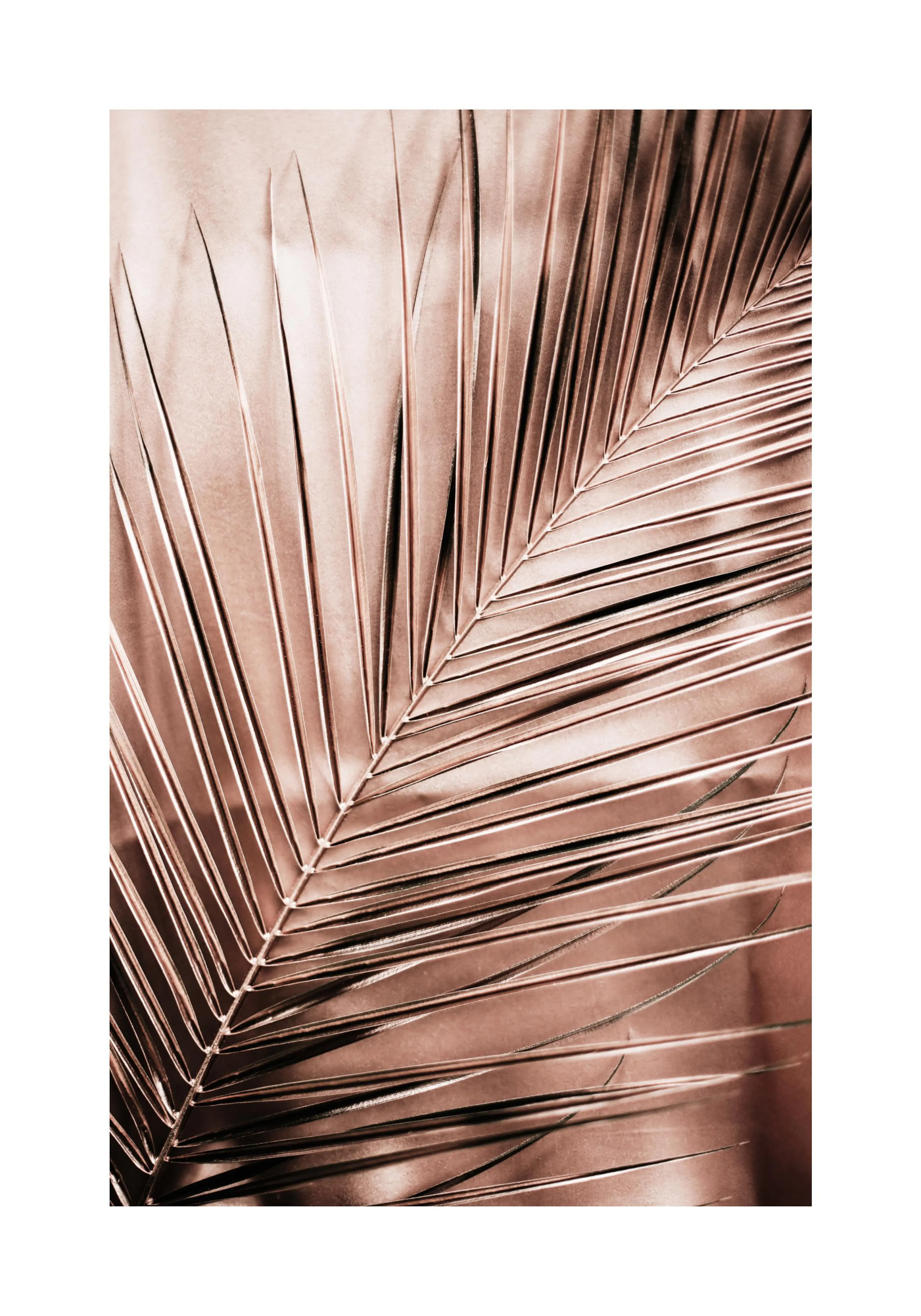 A poster featuring a close-up of a palm frond in a metallic rose gold hue, with a textured background.