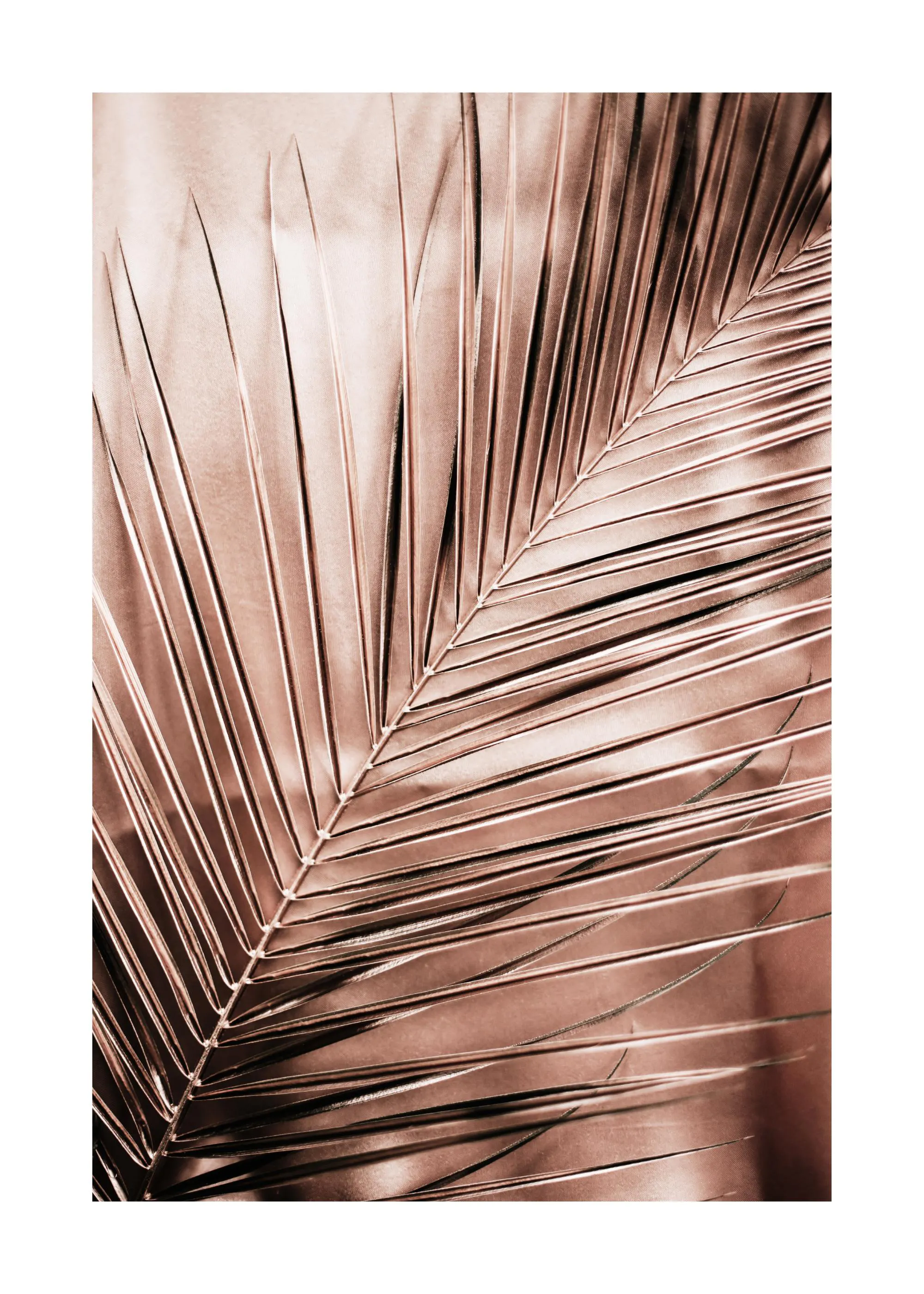 Poster mit einer Nahaufnahme eines matt-kupferfarbenen Palmblatts, das schräg über das Bild verläuft.