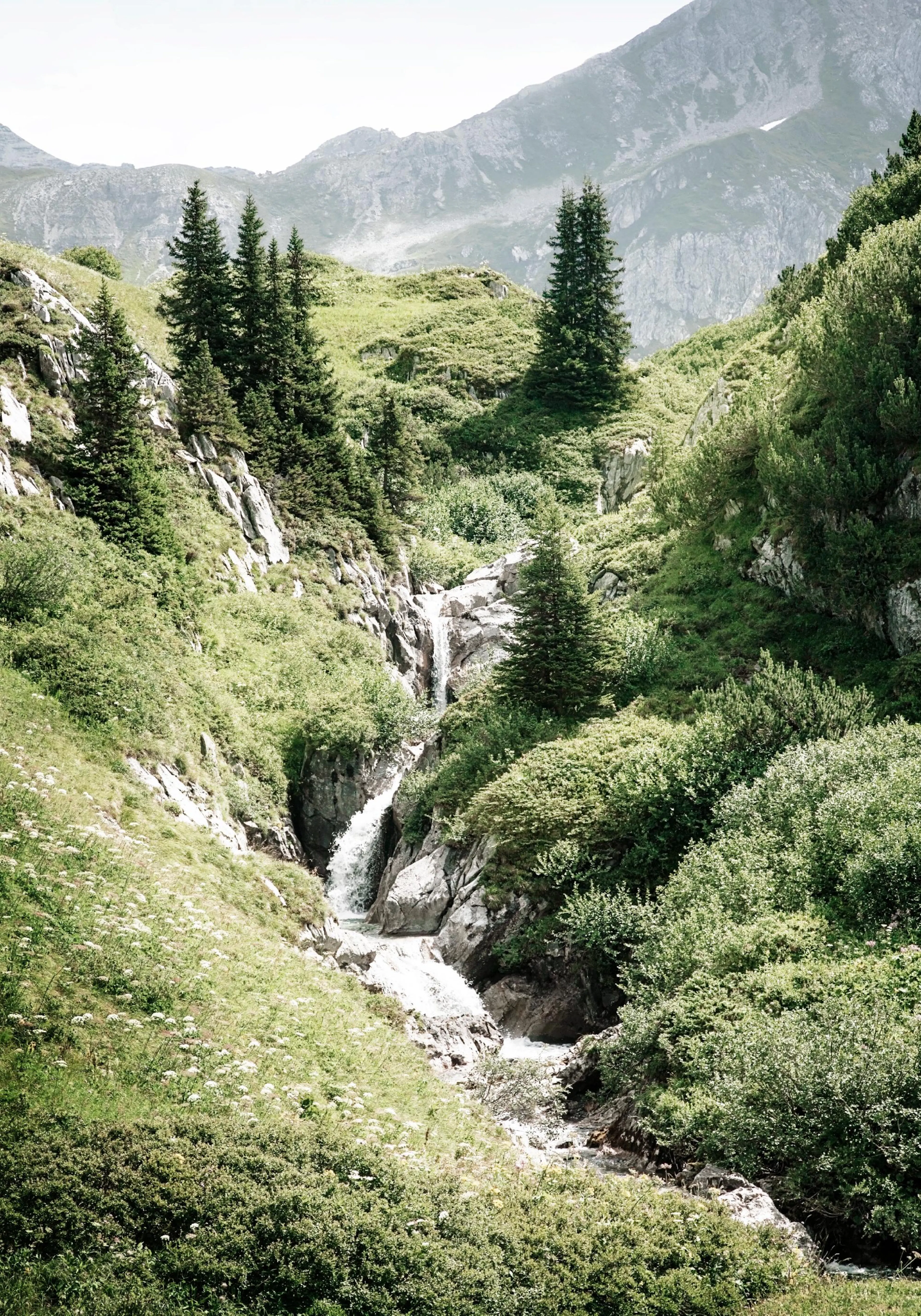 A poster featuring a mountain landscape with a waterfall flowing through a rocky, green, and lush valley.