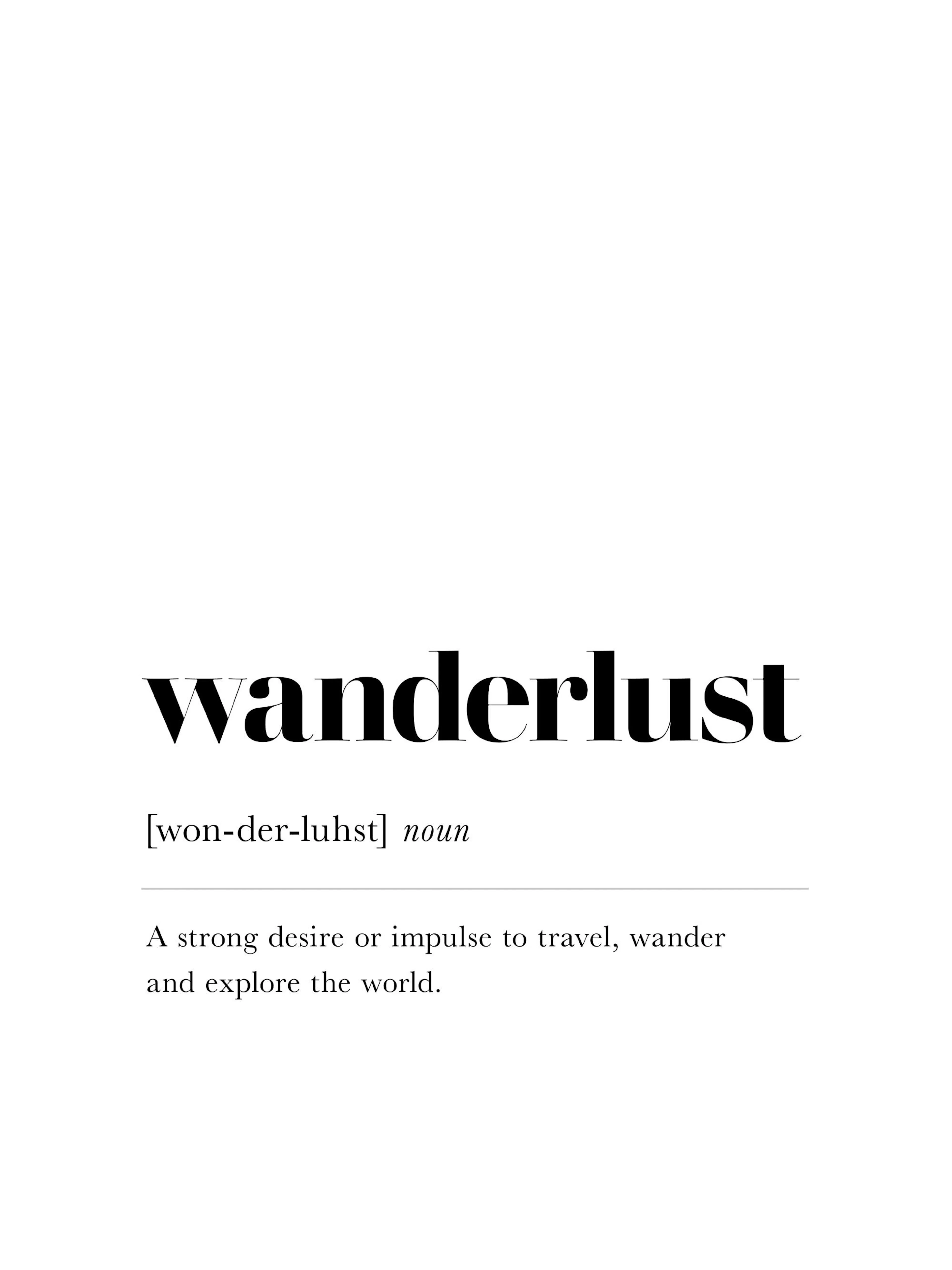 A poster featuring the word wanderlust in large black font, with its phonetic spelling and definition below on a white backgroun