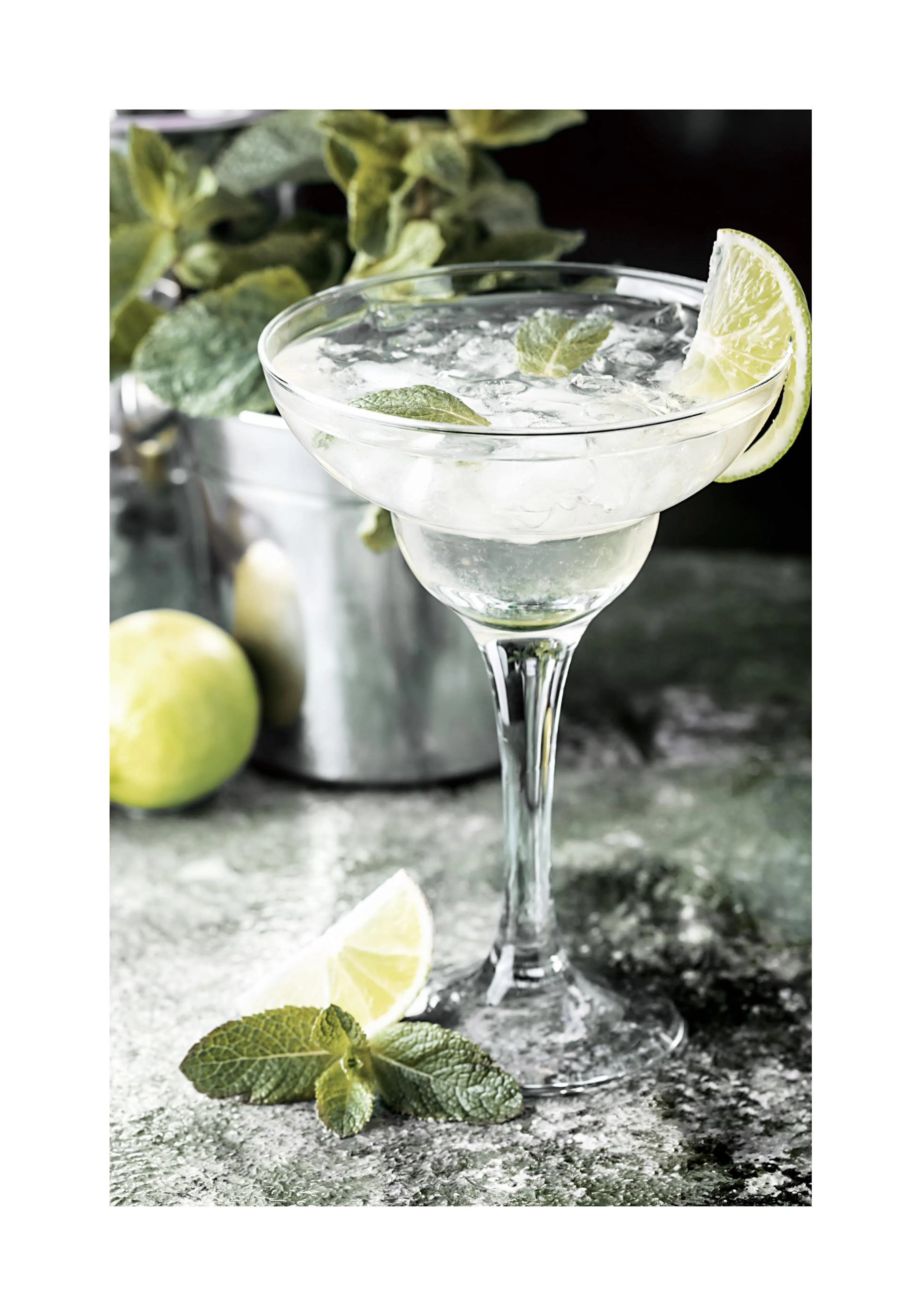 Poster mit einem erfrischenden Cocktail in einem Glas mit Limette, Minze und Eiswürfeln auf einem grauen Hintergrund.