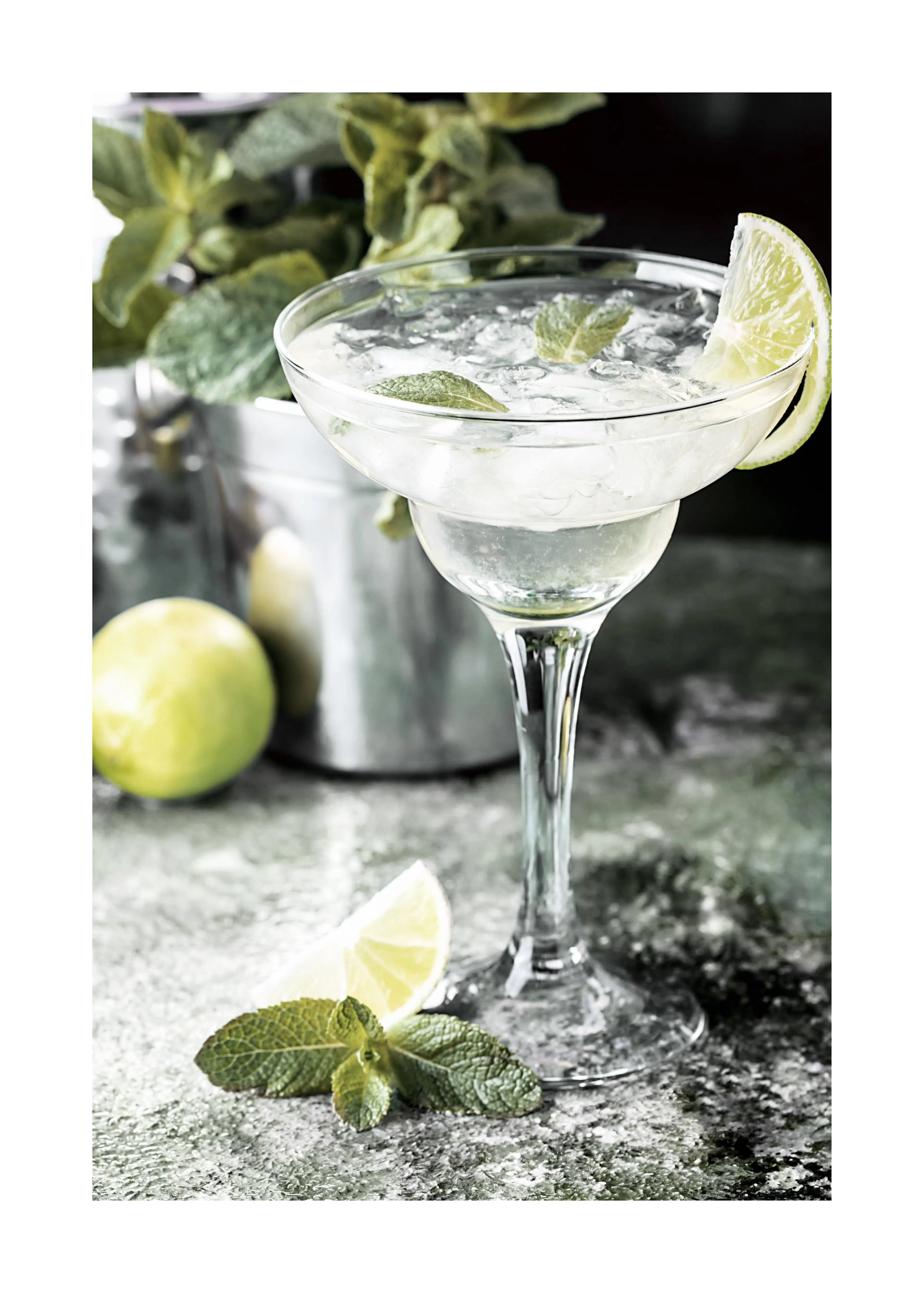 Poster mit einem erfrischenden Cocktail in einem Glas mit Limette, Minze und Eiswürfeln auf einem grauen Hintergrund.