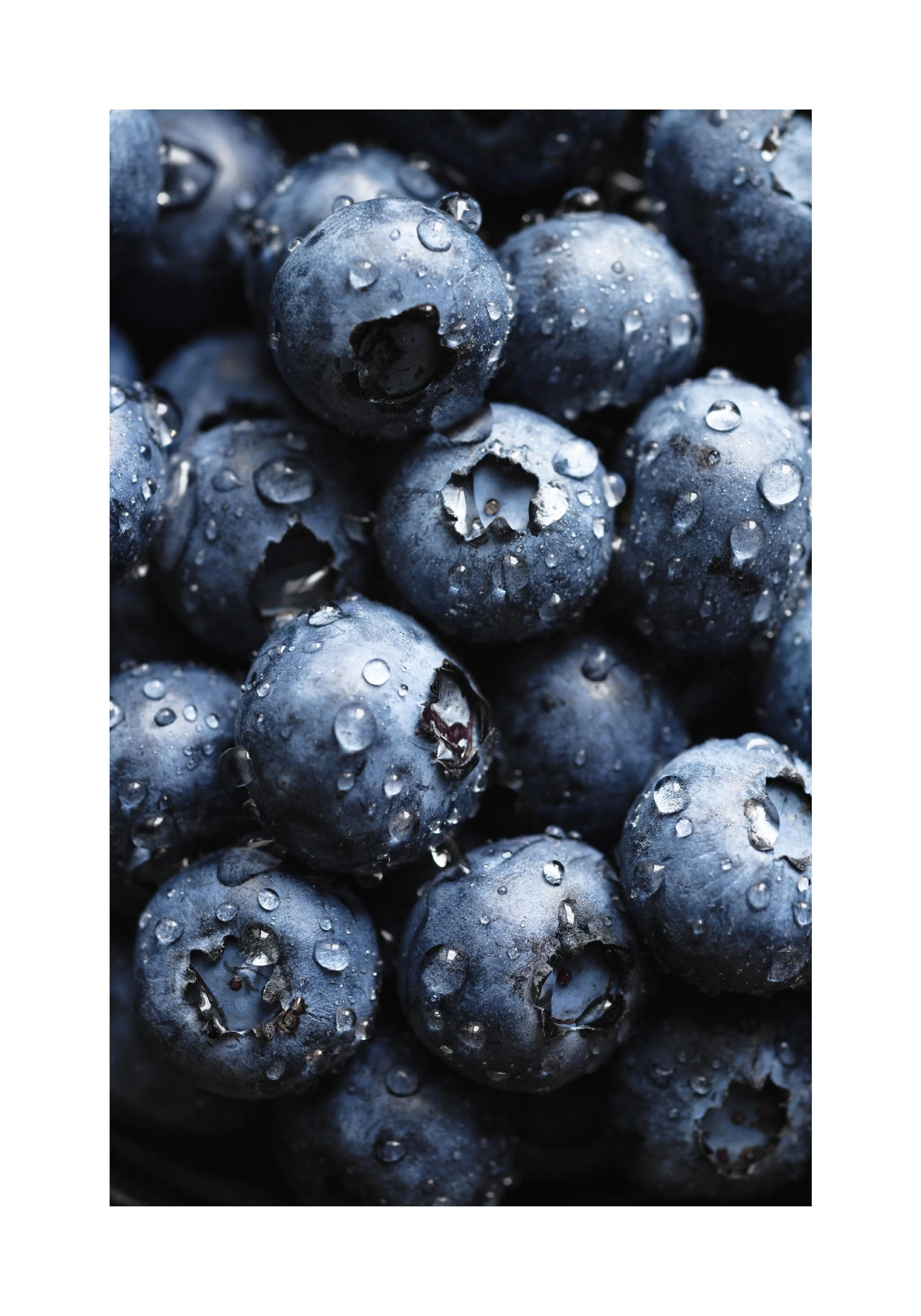 A poster featuring a close-up of fresh blueberries covered in water droplets, highlighting their dark blue colour.