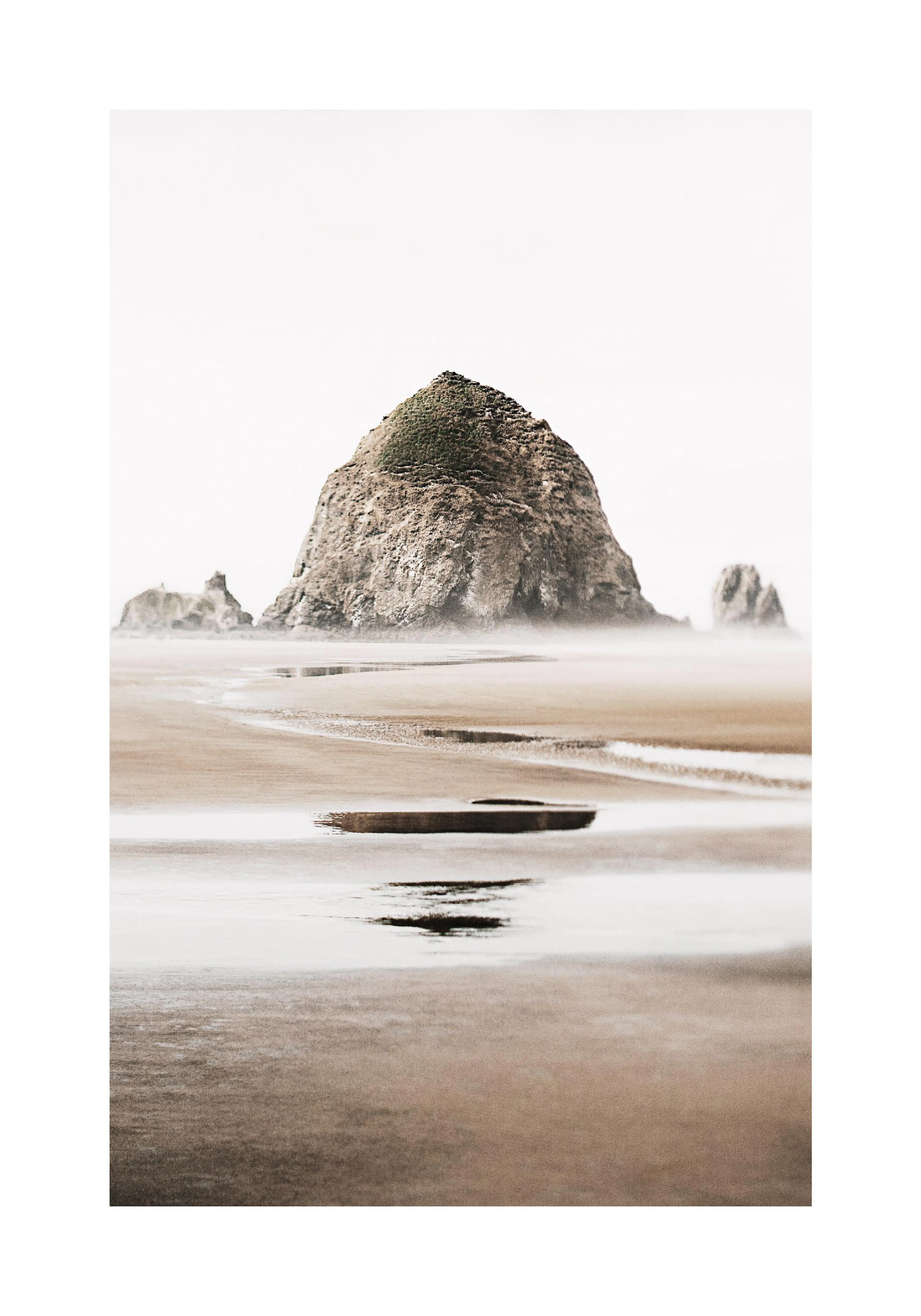 A poster featuring a large, moss-covered rock formation on a misty beach with wet sand reflections.