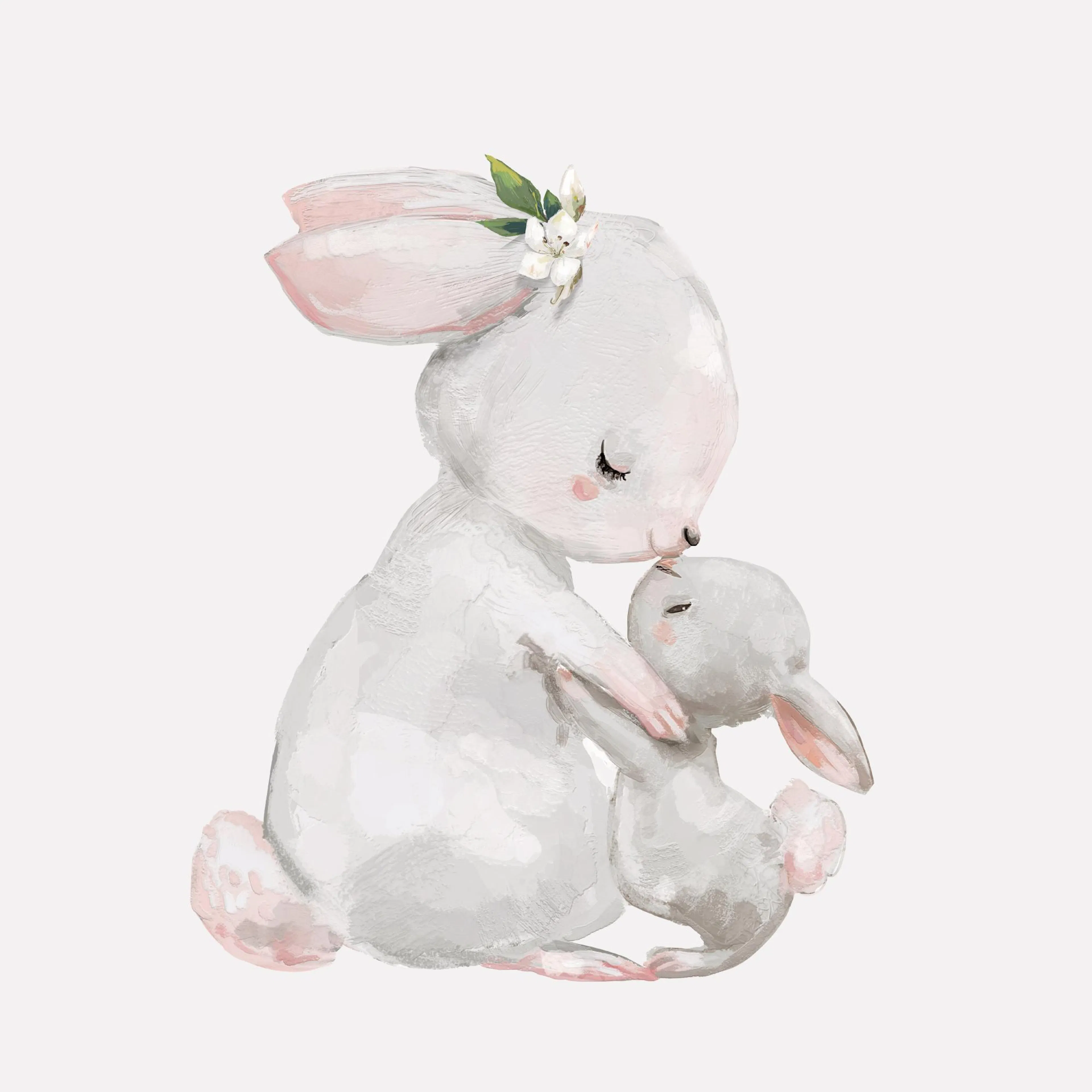 A poster featuring an illustration of a large white rabbit with a flower on its head, embracing a smaller white rabbit.