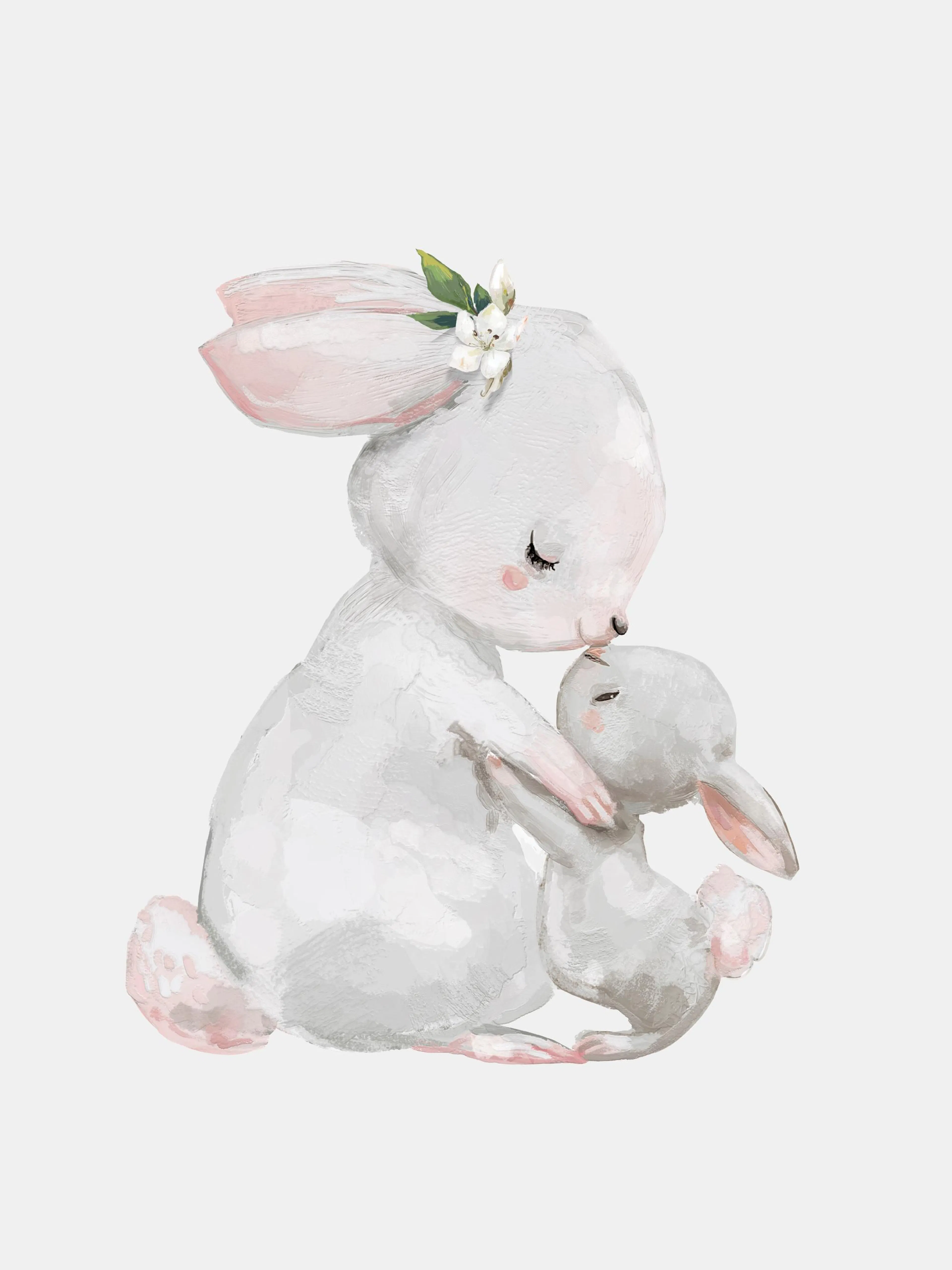 A poster featuring an adult white bunny with a flower on its head, kissing a smaller grey bunny on a white background.
